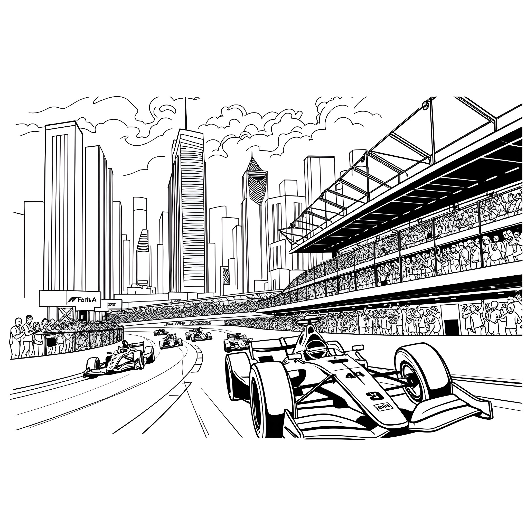 Formula E racing in the city skyline Coloring Page (free black-and-white line drawing printable PDF for all, from beginners to advanced learners, including children, teens, adults, and seniors)
