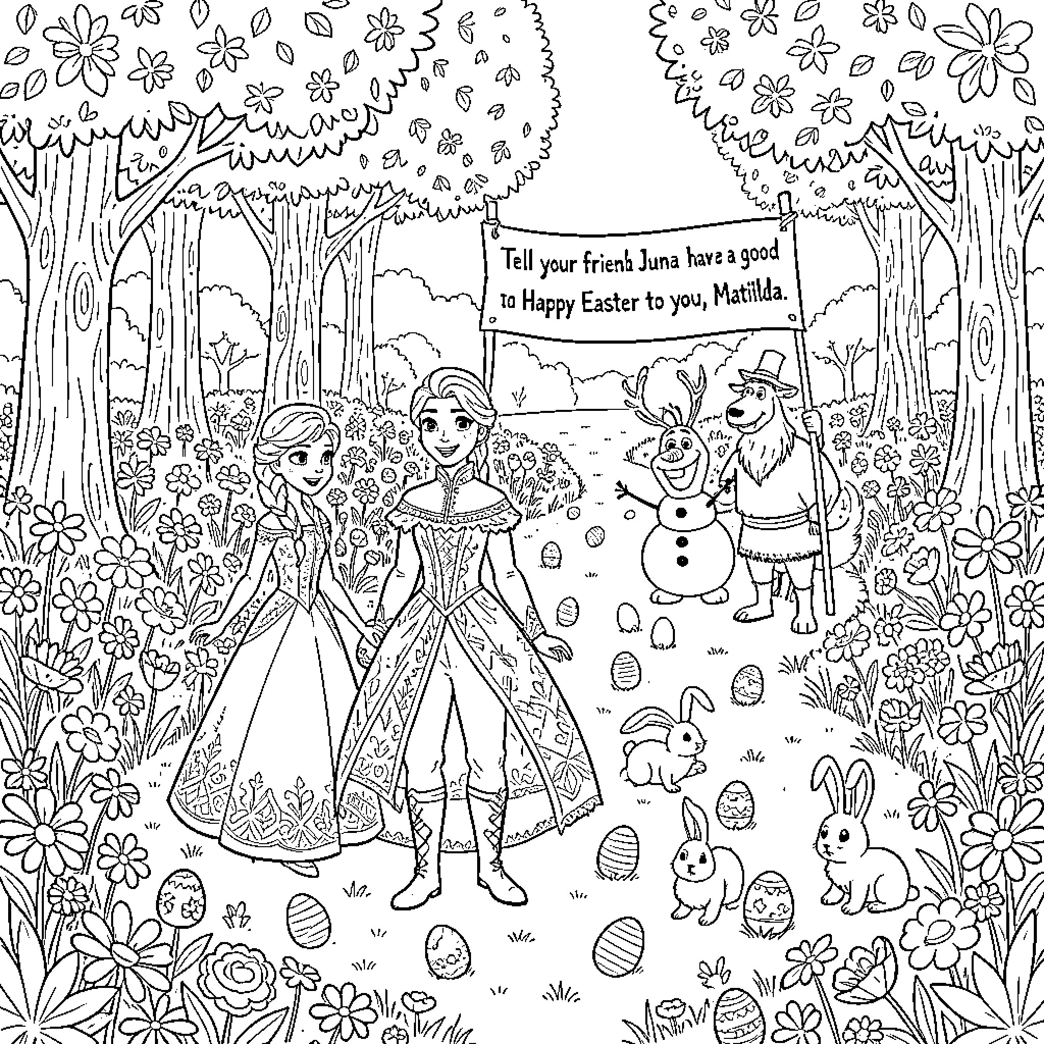 Frozen characters in a whimsical Easter garden Coloring Page (free black-and-white line drawing printable PDF for all, from beginners to advanced learners, including children, teens, adults, and seniors)
