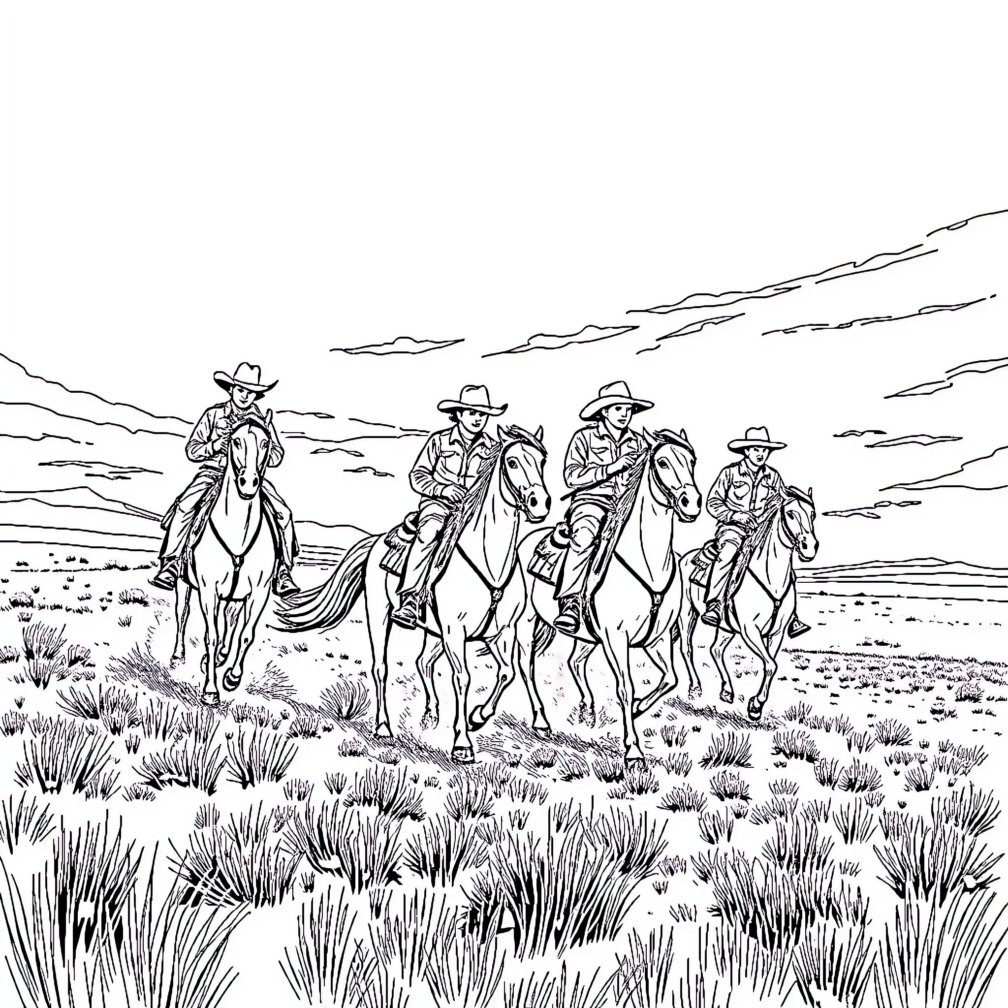 Cowboy Riders on Horseback in the Desert Landscape Coloring Page (free black-and-white line drawing printable PDF for all, from beginners to advanced learners, including children, teens, adults, and seniors)