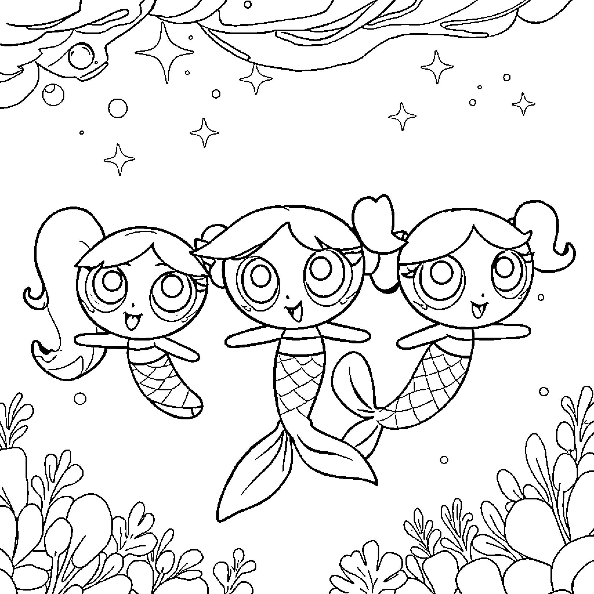 Powerpuff Girls as Mermaids under the Sea Coloring Page (free black-and-white line drawing printable PDF for all, from beginners to advanced learners, including children, teens, adults, and seniors)