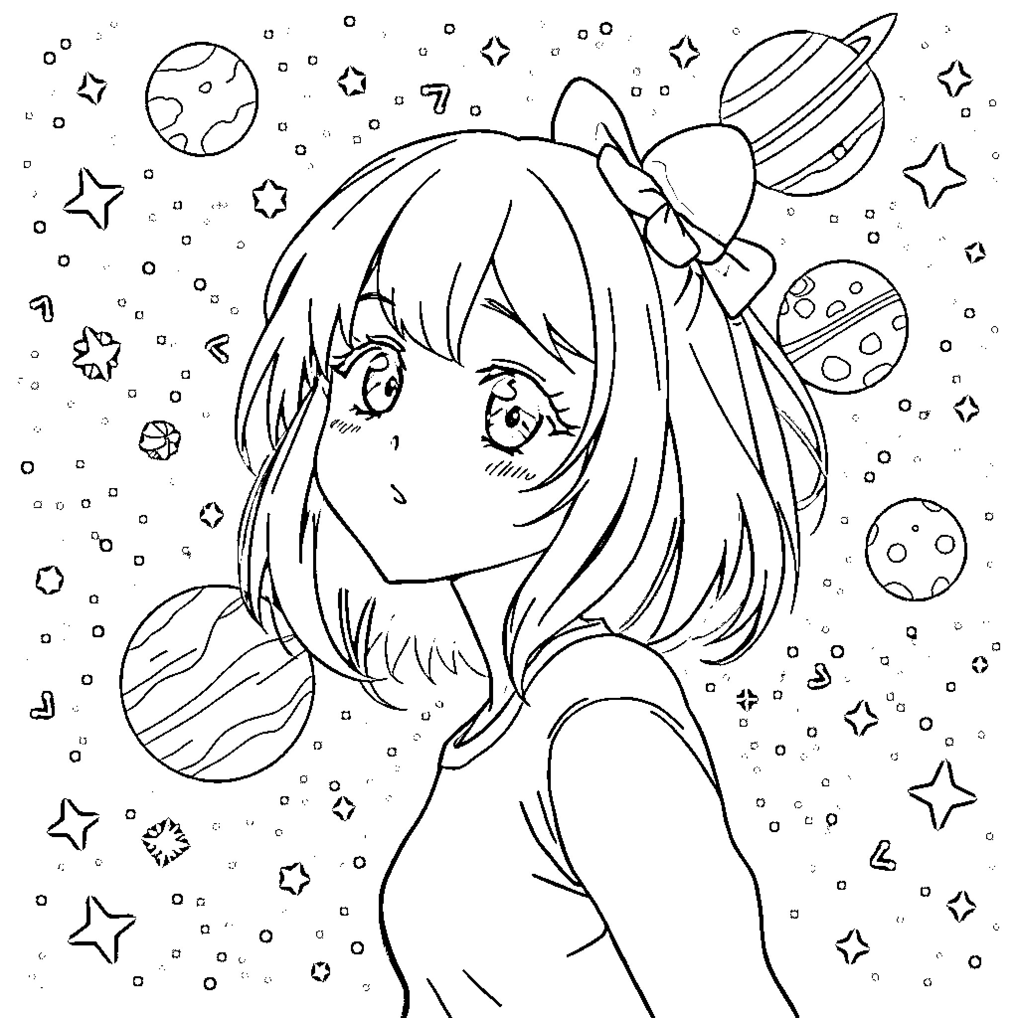 Anime Girl in Whimsical Space Scene Coloring Page (free black-and-white line drawing printable PDF for all, from beginners to advanced learners, including children, teens, adults, and seniors)