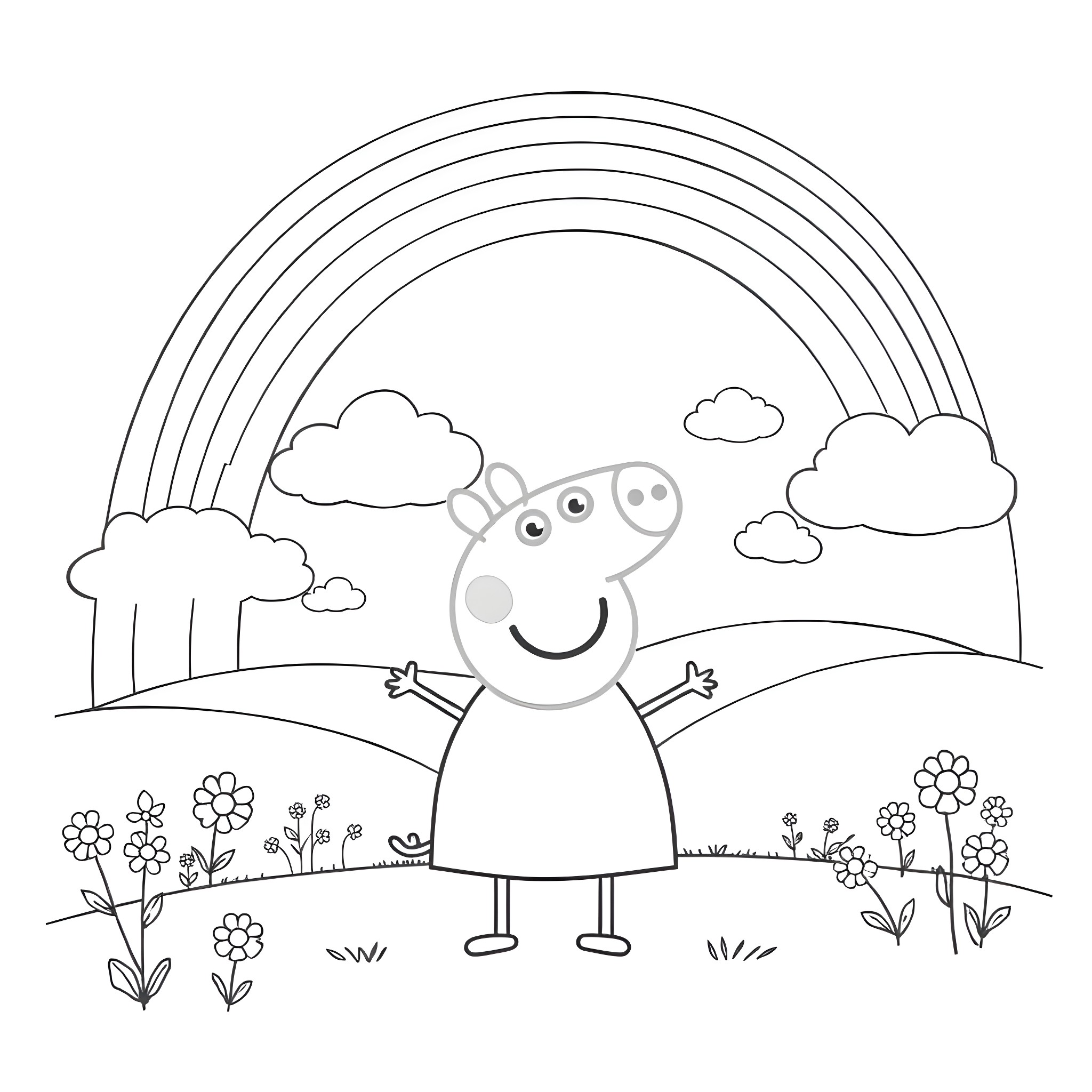 Peppa Pig enjoys a sunny day outdoors Coloring Page (free black-and-white line drawing printable PDF for all, from beginners to advanced learners, including children, teens, adults, and seniors)