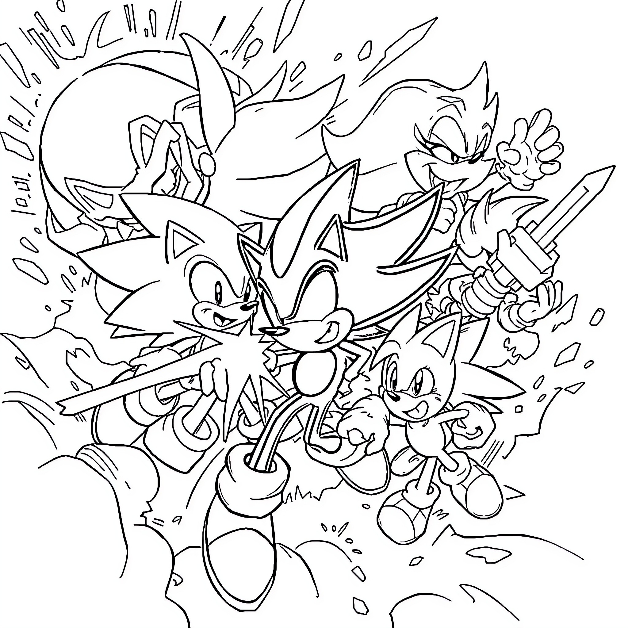 Sonic and friends in action-packed adventure Coloring Page (free black-and-white line drawing printable PDF for all, from beginners to advanced learners, including children, teens, adults, and seniors)