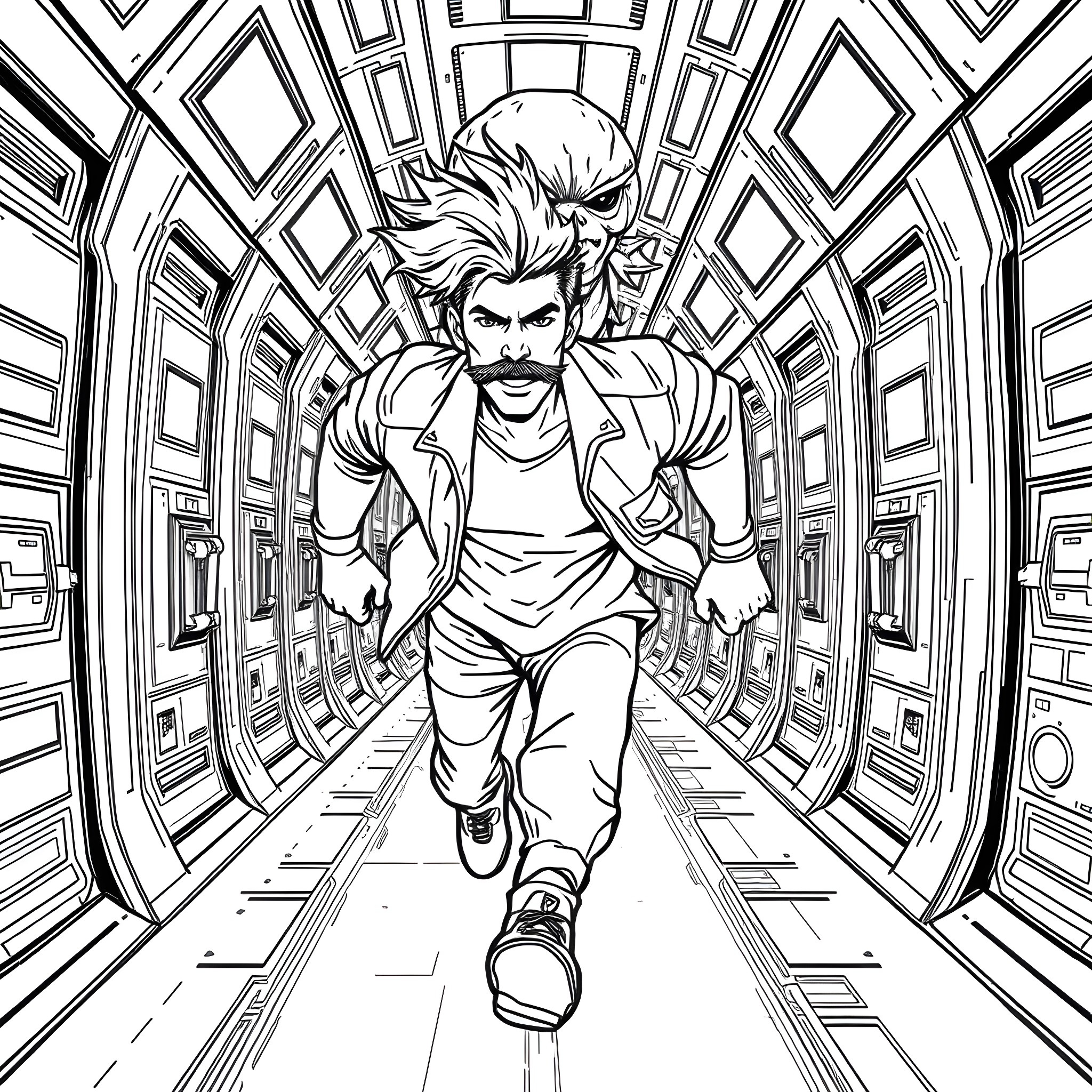Man running swiftly through futuristic corridor Coloring Page (free black-and-white line drawing printable PDF for all, from beginners to advanced learners, including children, teens, adults, and seniors)