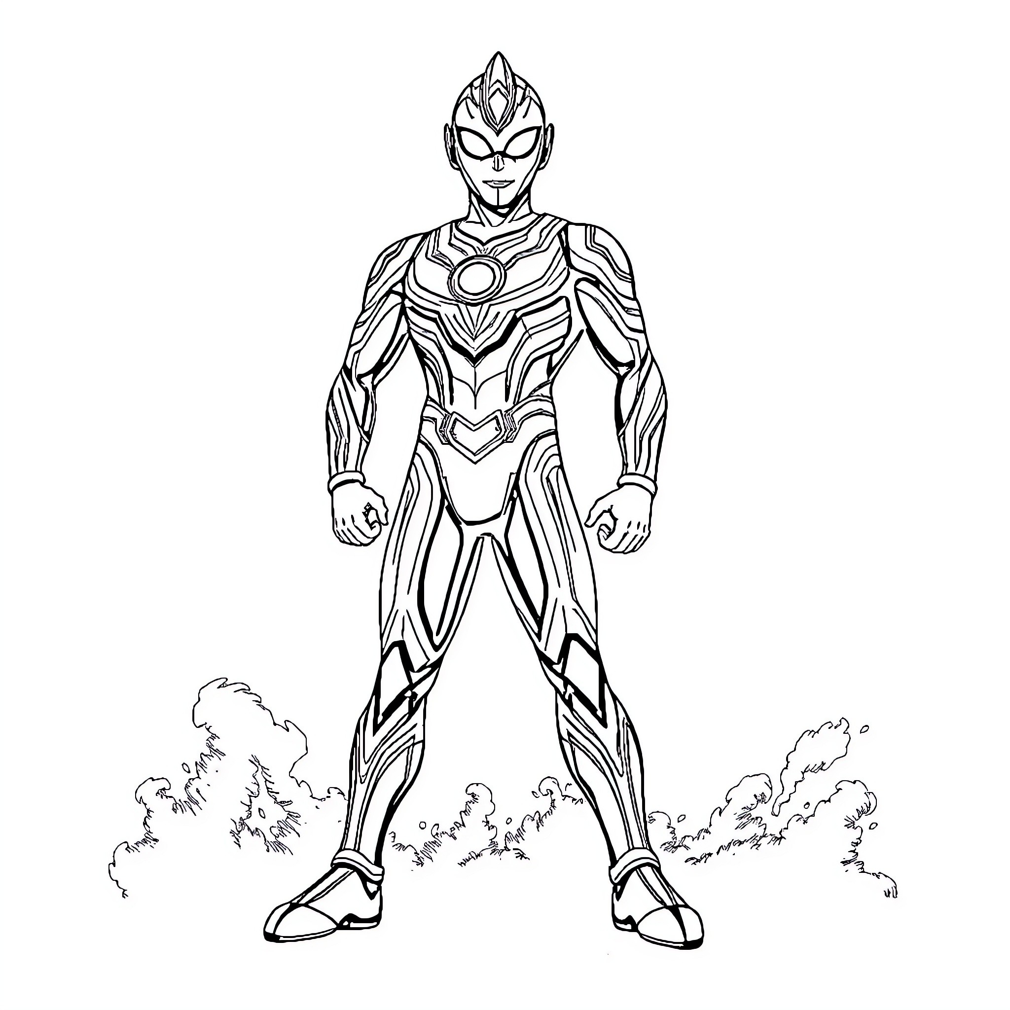 Ultraman heroically stands in battle stance Coloring Page (free black-and-white line drawing printable PDF for all, from beginners to advanced learners, including children, teens, adults, and seniors)