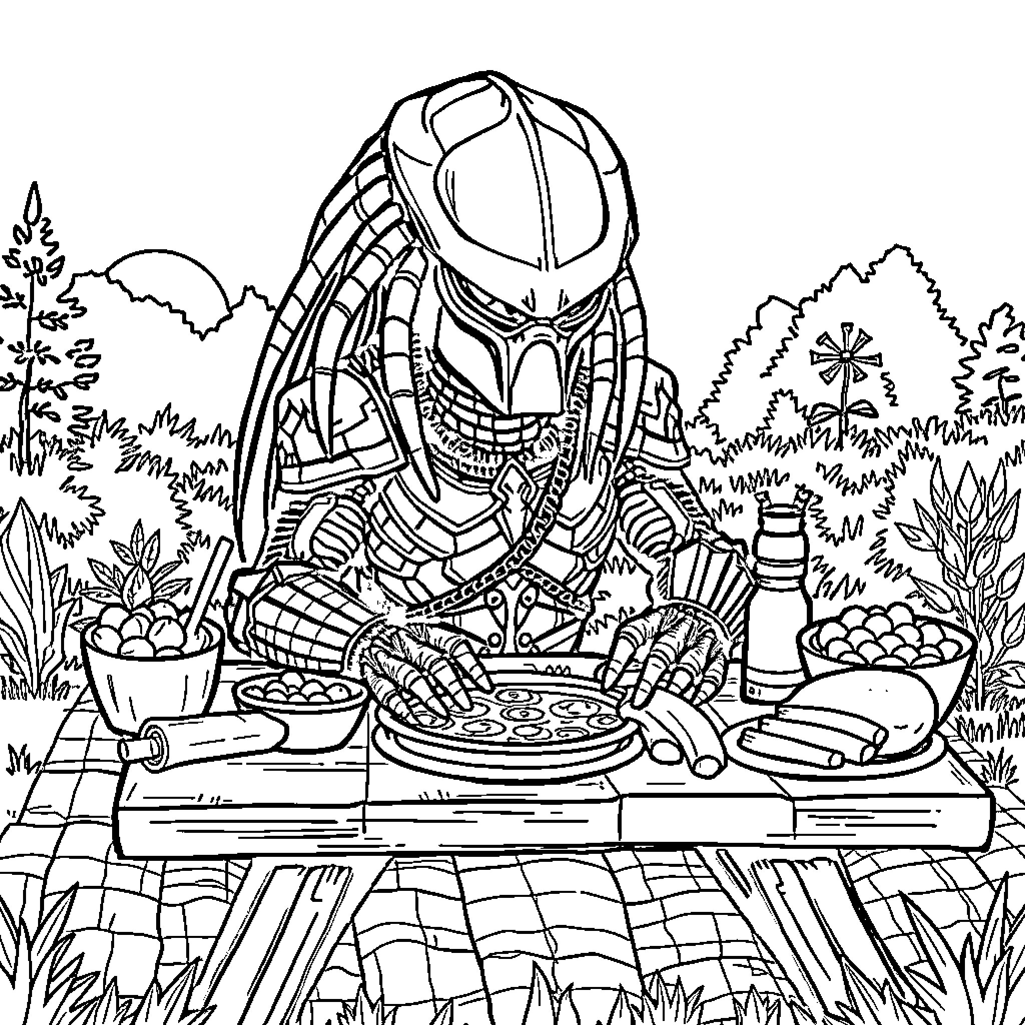 Predator Feasting in the Wilderness Coloring Page (free black-and-white line drawing printable PDF for all, from beginners to advanced learners, including children, teens, adults, and seniors)