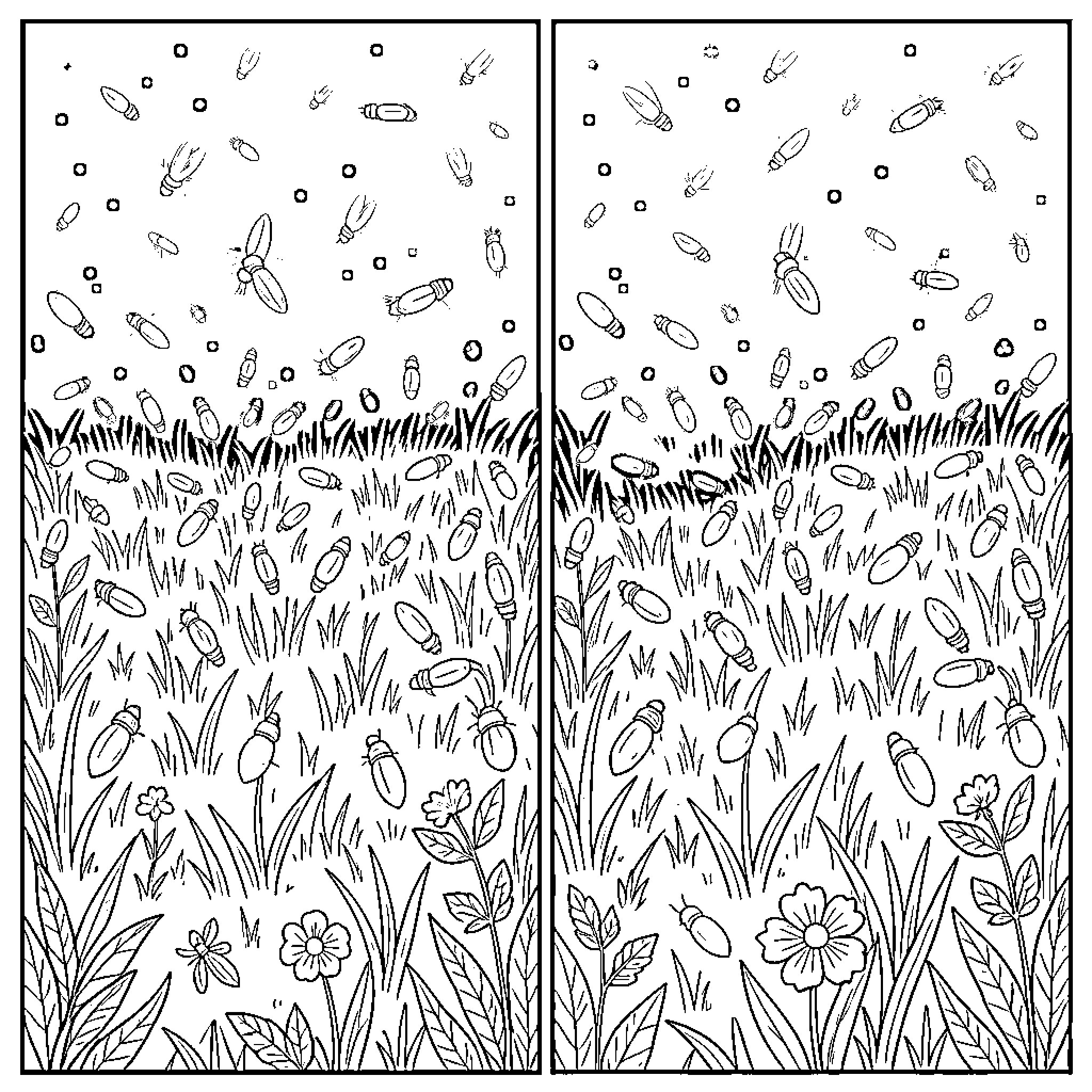 Fireflies dancing among the flowers and grass Coloring Page (free black-and-white line drawing printable PDF for all, from beginners to advanced learners, including children, teens, adults, and seniors)