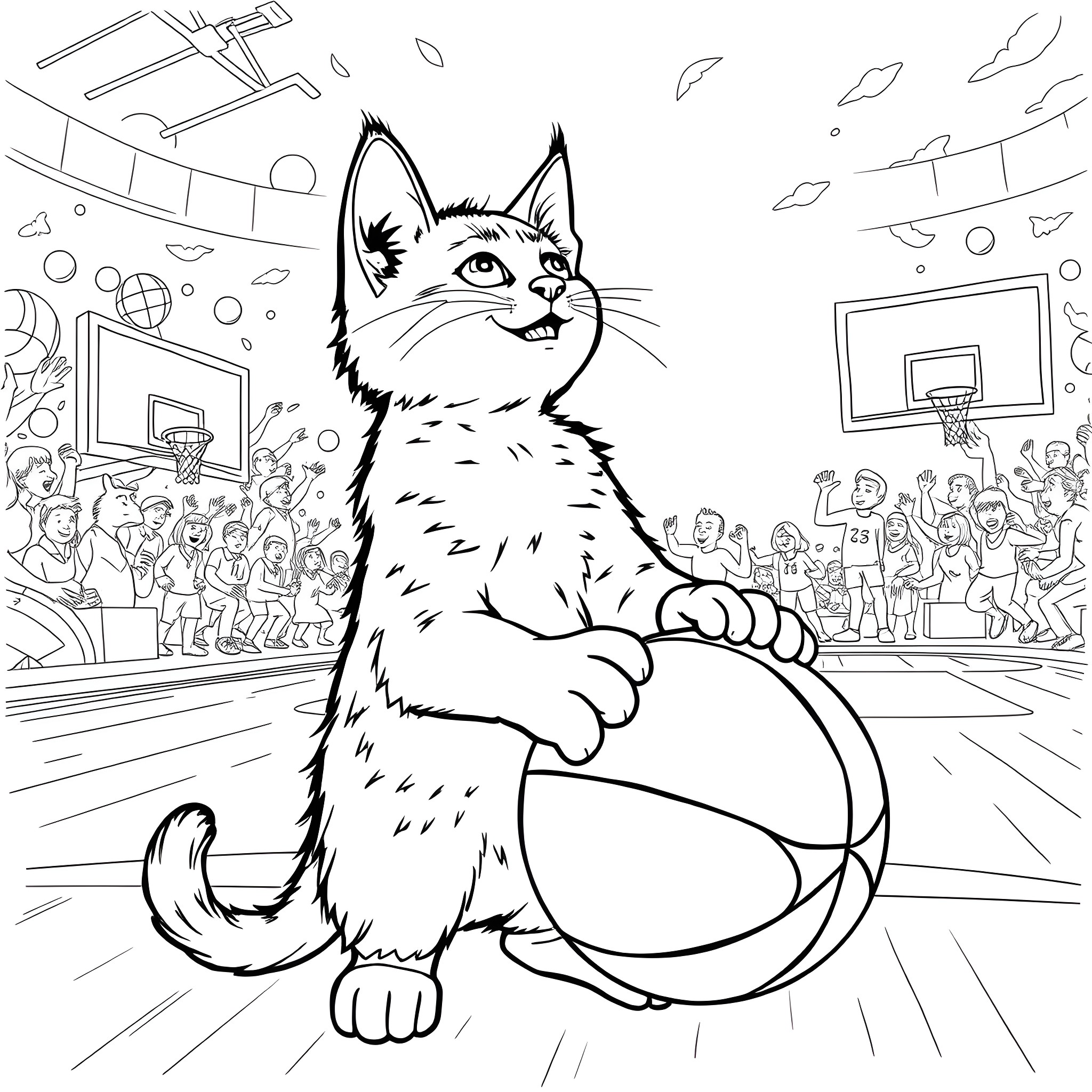 Cat playing with basketball in the gym Coloring Page (free black-and-white line drawing printable PDF for all, from beginners to advanced learners, including children, teens, adults, and seniors)