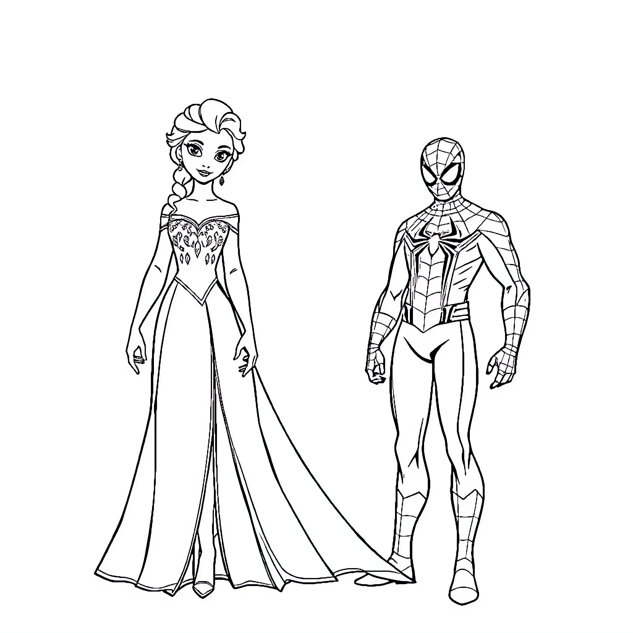 Elsa and Spiderman in a Heroic Encounter Coloring Page (free black-and-white line drawing printable PDF for all, from beginners to advanced learners, including children, teens, adults, and seniors)