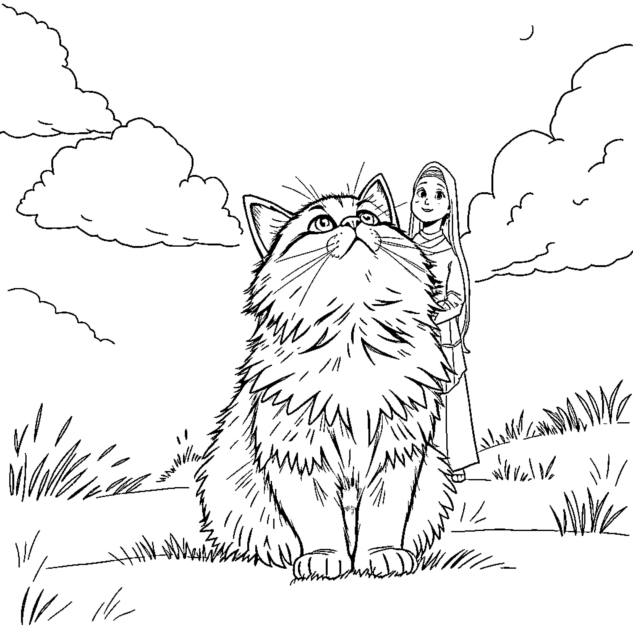Cat and fairy in the meadow Coloring Page (free black-and-white line drawing printable PDF for all, from beginners to advanced learners, including children, teens, adults, and seniors)