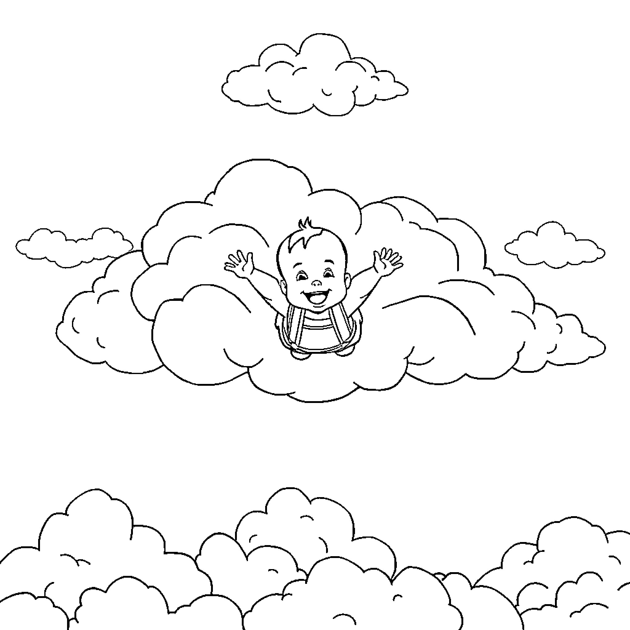 Baby playing happily in the clouds Coloring Page (free black-and-white line drawing printable PDF for all, from beginners to advanced learners, including children, teens, adults, and seniors)