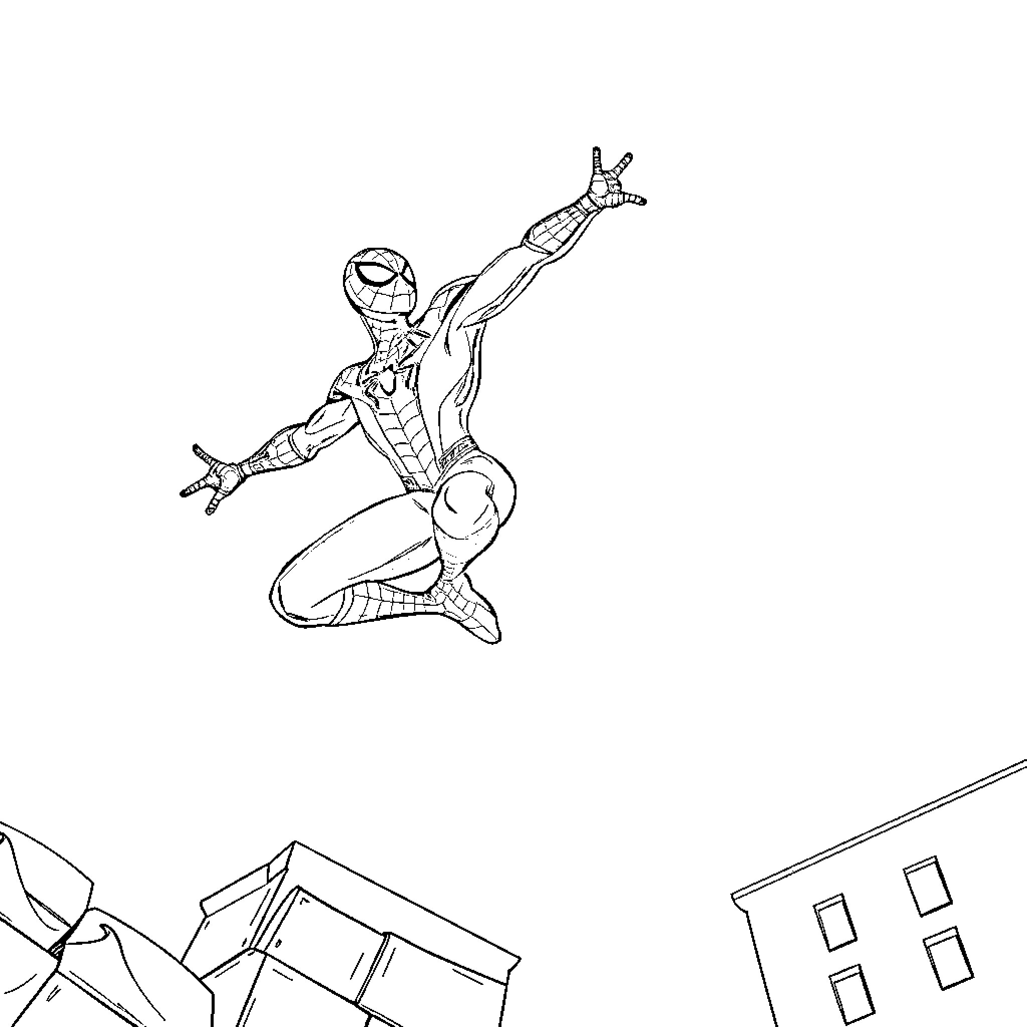 Spiderman swinging through the city skyline Coloring Page (free black-and-white line drawing printable PDF for all, from beginners to advanced learners, including children, teens, adults, and seniors)