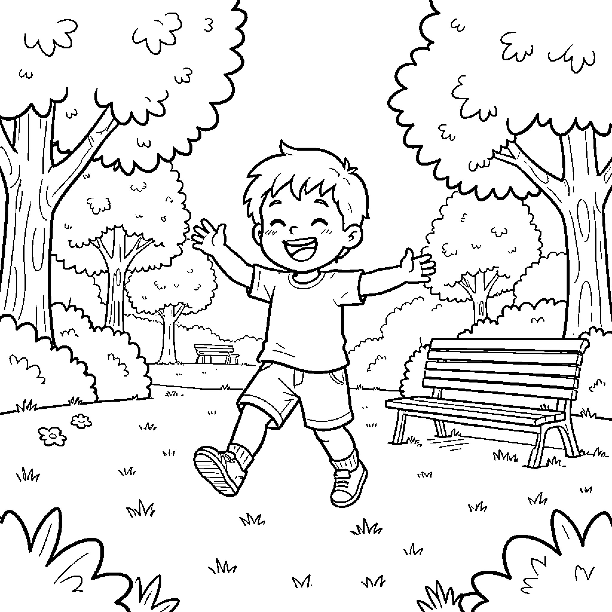 Mon Fils jumping joyfully in a park Coloring Page (free black-and-white line drawing printable PDF for all, from beginners to advanced learners, including children, teens, adults, and seniors)