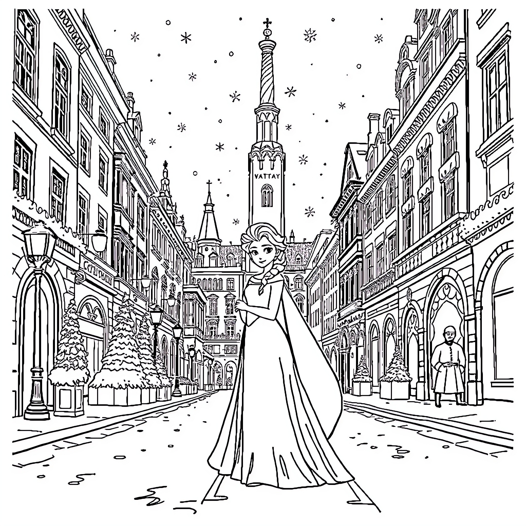 Princess strolling through a snowy winter wonderland Coloring Page (free black-and-white line drawing printable PDF for all, from beginners to advanced learners, including children, teens, adults, and seniors)