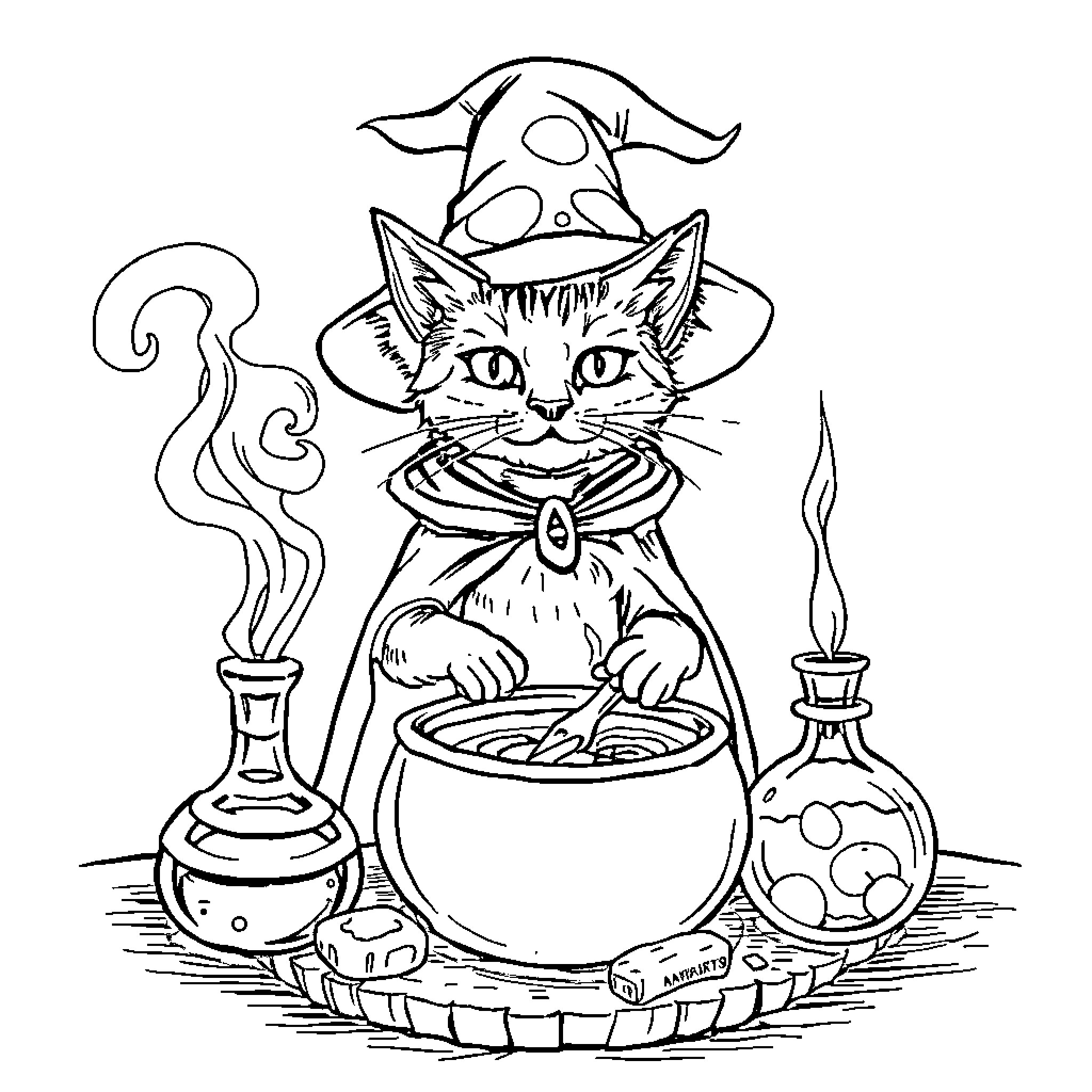 Chat with Witchy Cat Stirring Potion Coloring Page (free black-and-white line drawing printable PDF for all, from beginners to advanced learners, including children, teens, adults, and seniors)