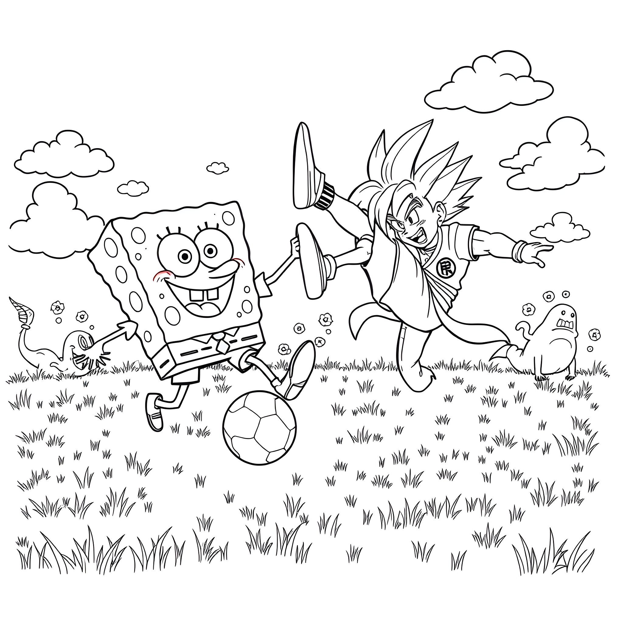 Spongebob playing soccer with Patrick in the park Coloring Page (free black-and-white line drawing printable PDF for all, from beginners to advanced learners, including children, teens, adults, and seniors)