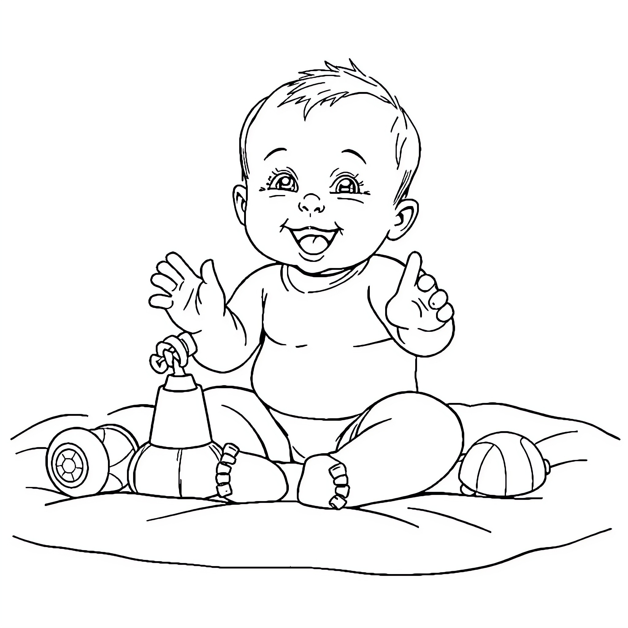 Baby sitting happily with toys on the ground Coloring Page (free black-and-white line drawing printable PDF for all, from beginners to advanced learners, including children, teens, adults, and seniors)