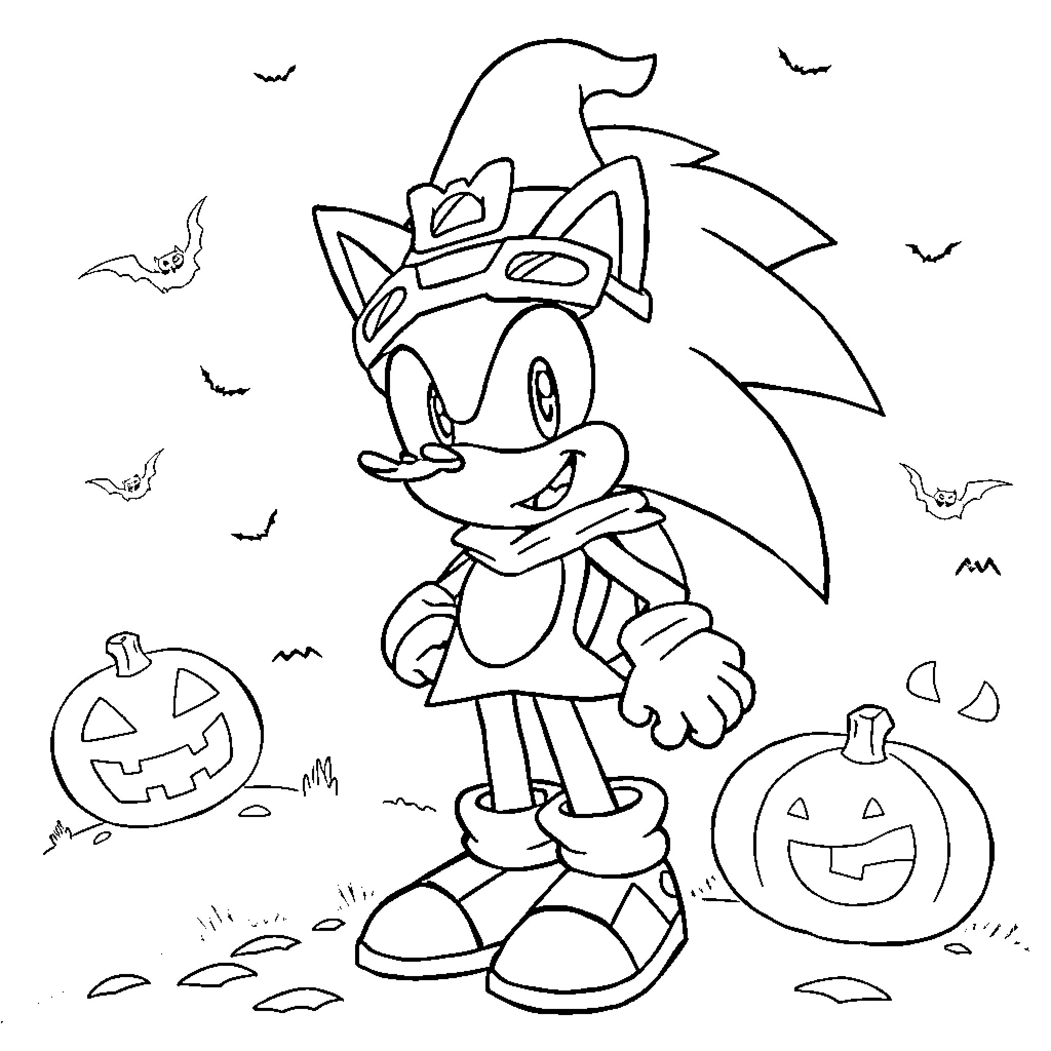 Sonic's Spooky Halloween Adventure Coloring Page (free black-and-white line drawing printable PDF for all, from beginners to advanced learners, including children, teens, adults, and seniors)