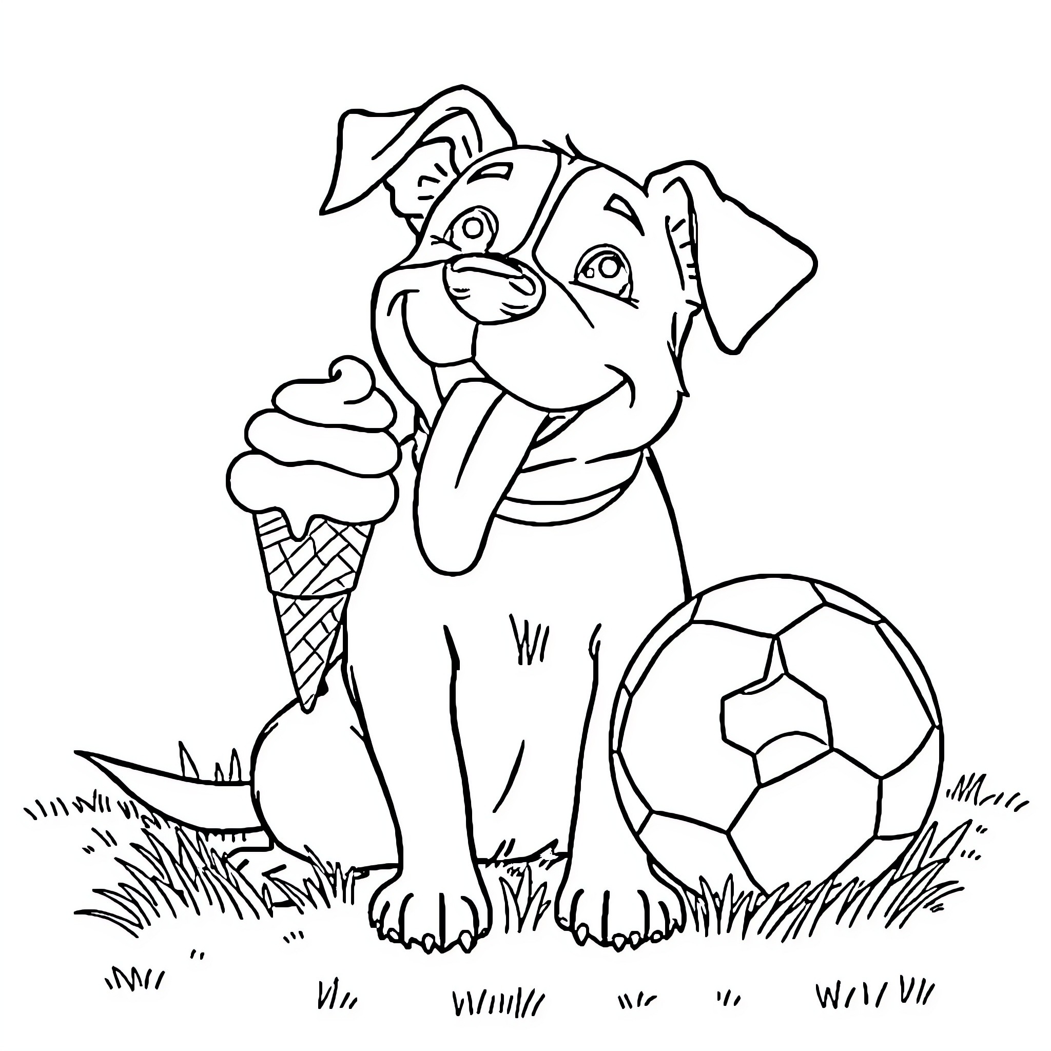 Dog enjoying an ice cream cone while playing with a soccer ball Coloring Page (free black-and-white line drawing printable PDF for all, from beginners to advanced learners, including children, teens, adults, and seniors)