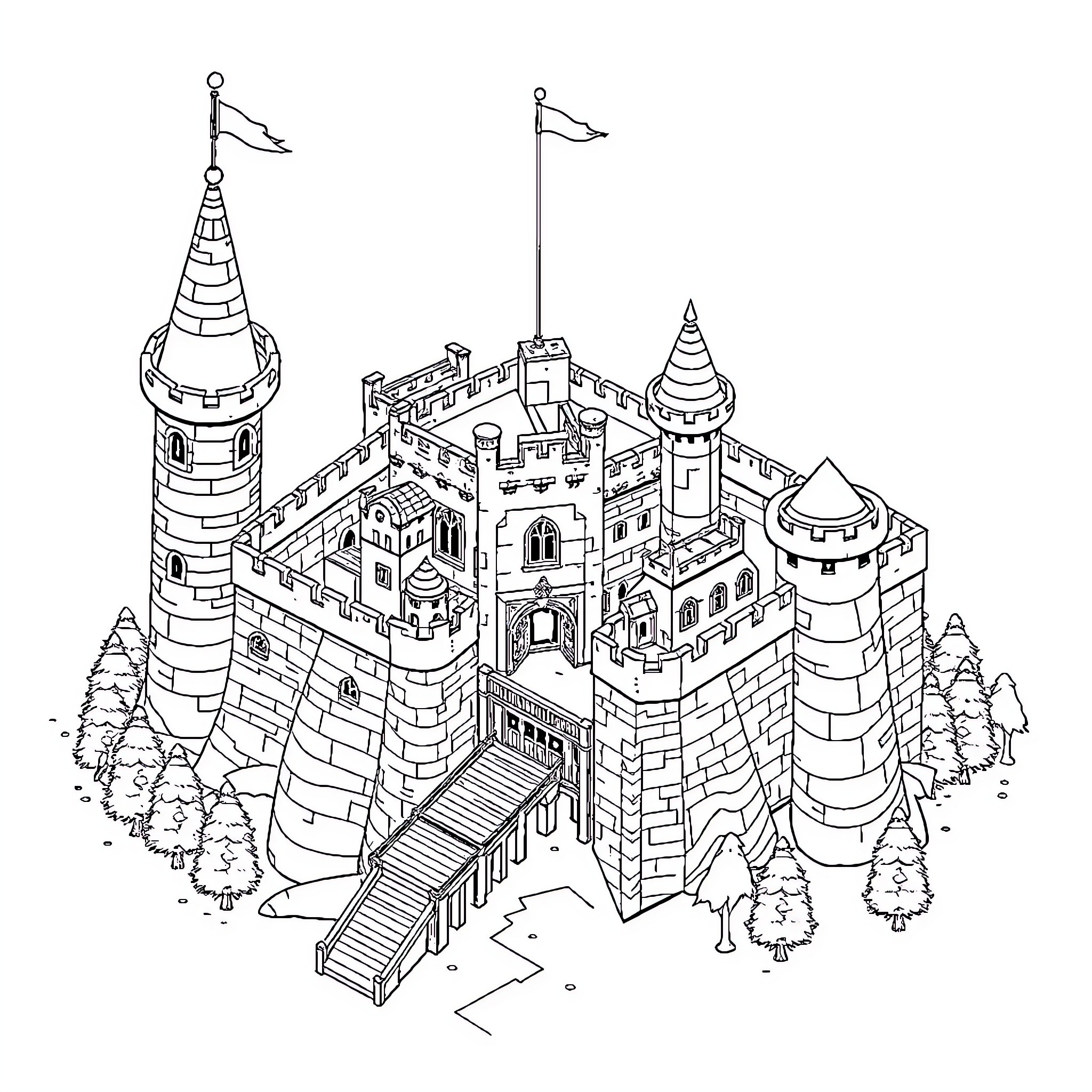 Castle with Towers and Flags in Detailed Illustration Coloring Page (free black-and-white line drawing printable PDF for all, from beginners to advanced learners, including children, teens, adults, and seniors)