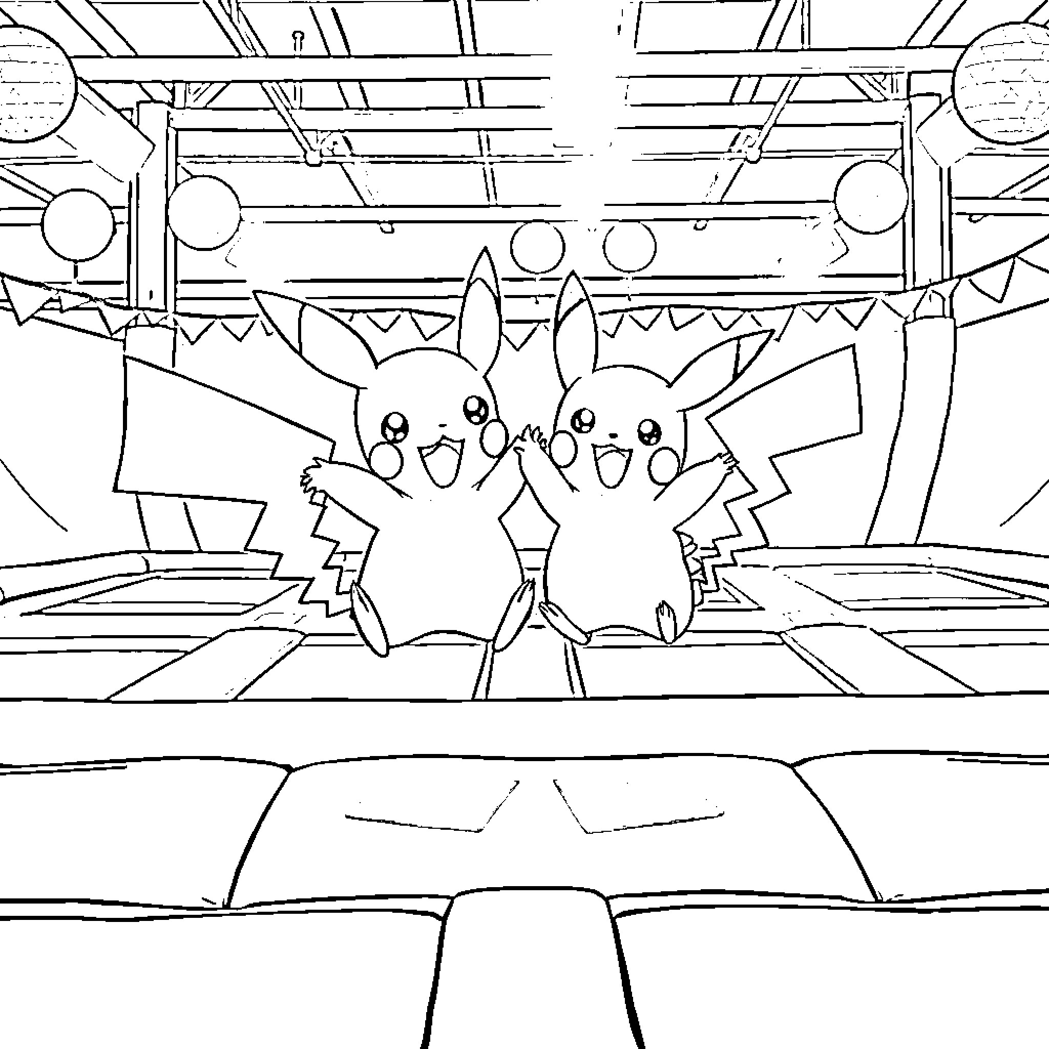 Raichu celebrating in a festive party scene Coloring Page (free black-and-white line drawing printable PDF for all, from beginners to advanced learners, including children, teens, adults, and seniors)