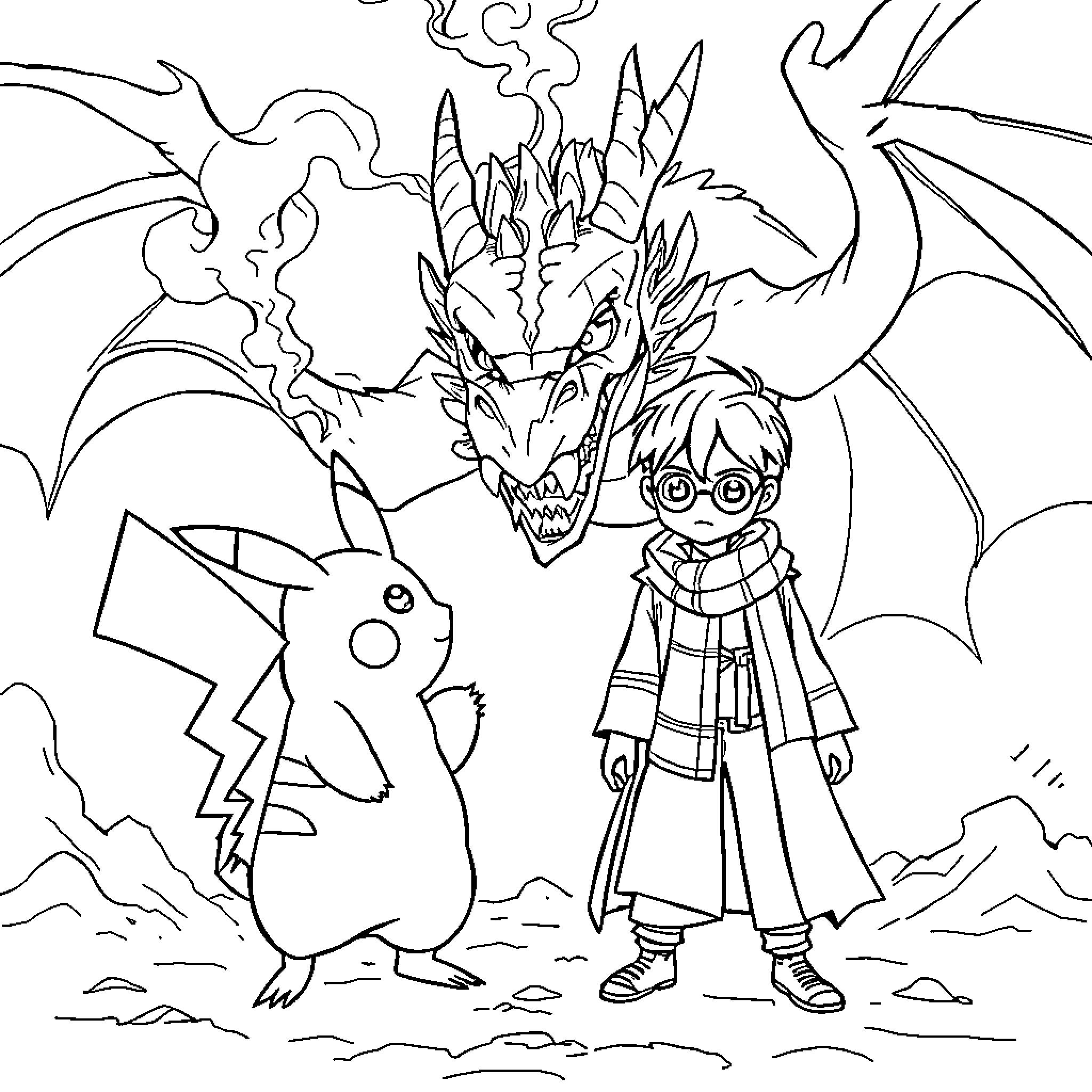 Pikachu and Harry Potter Encounter a Dragon Coloring Page (free black-and-white line drawing printable PDF for all, from beginners to advanced learners, including children, teens, adults, and seniors)