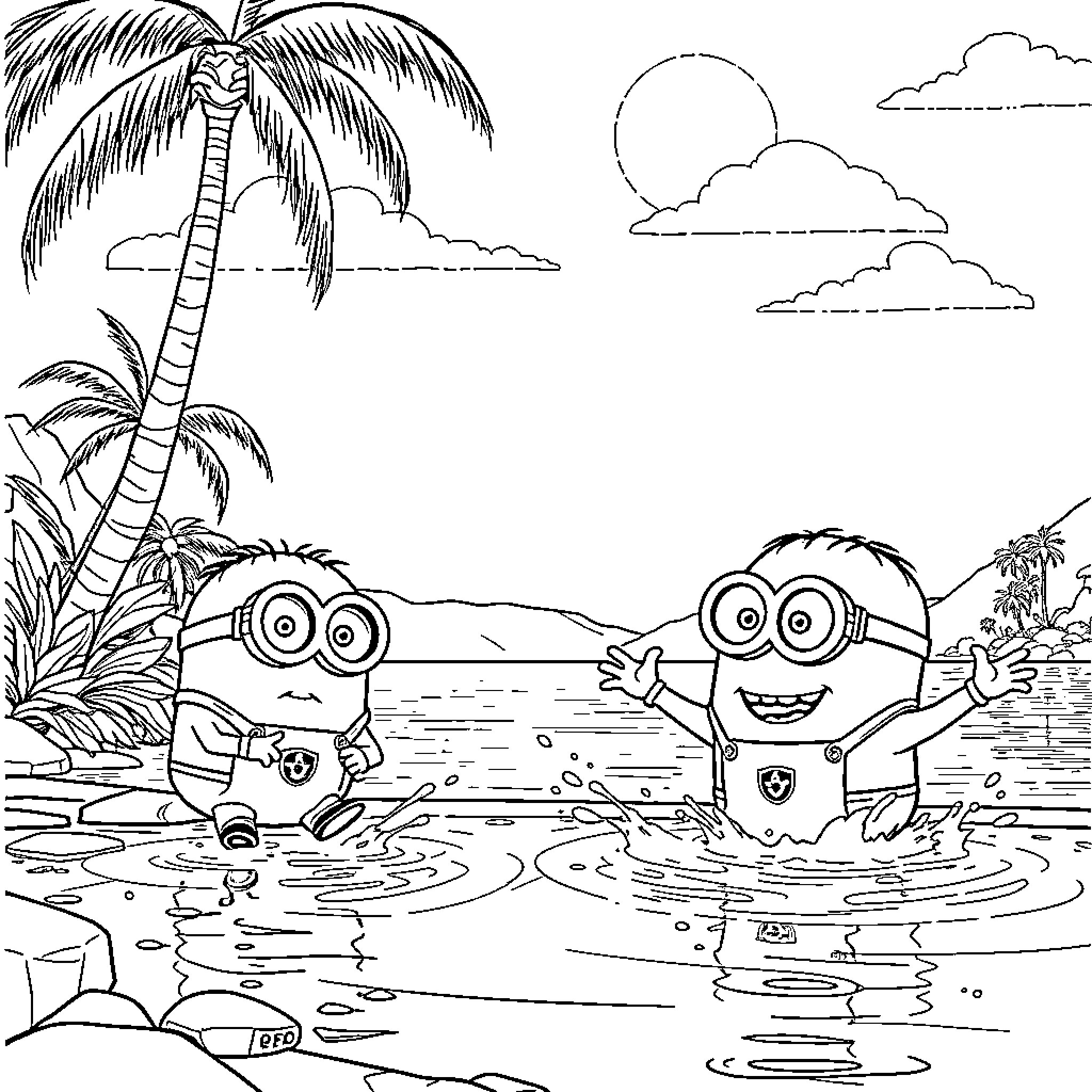 Minions playing and splashing in tropical paradise Coloring Page (free black-and-white line drawing printable PDF for all, from beginners to advanced learners, including children, teens, adults, and seniors)