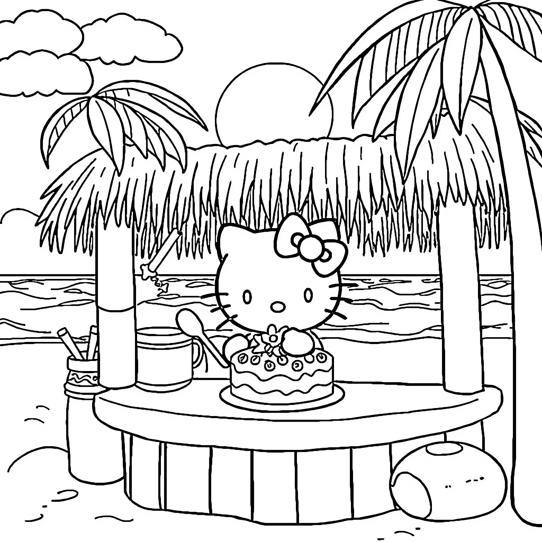 Hello Kitty enjoys a tropical birthday celebration Coloring Page (free black-and-white line drawing printable PDF for all, from beginners to advanced learners, including children, teens, adults, and seniors)