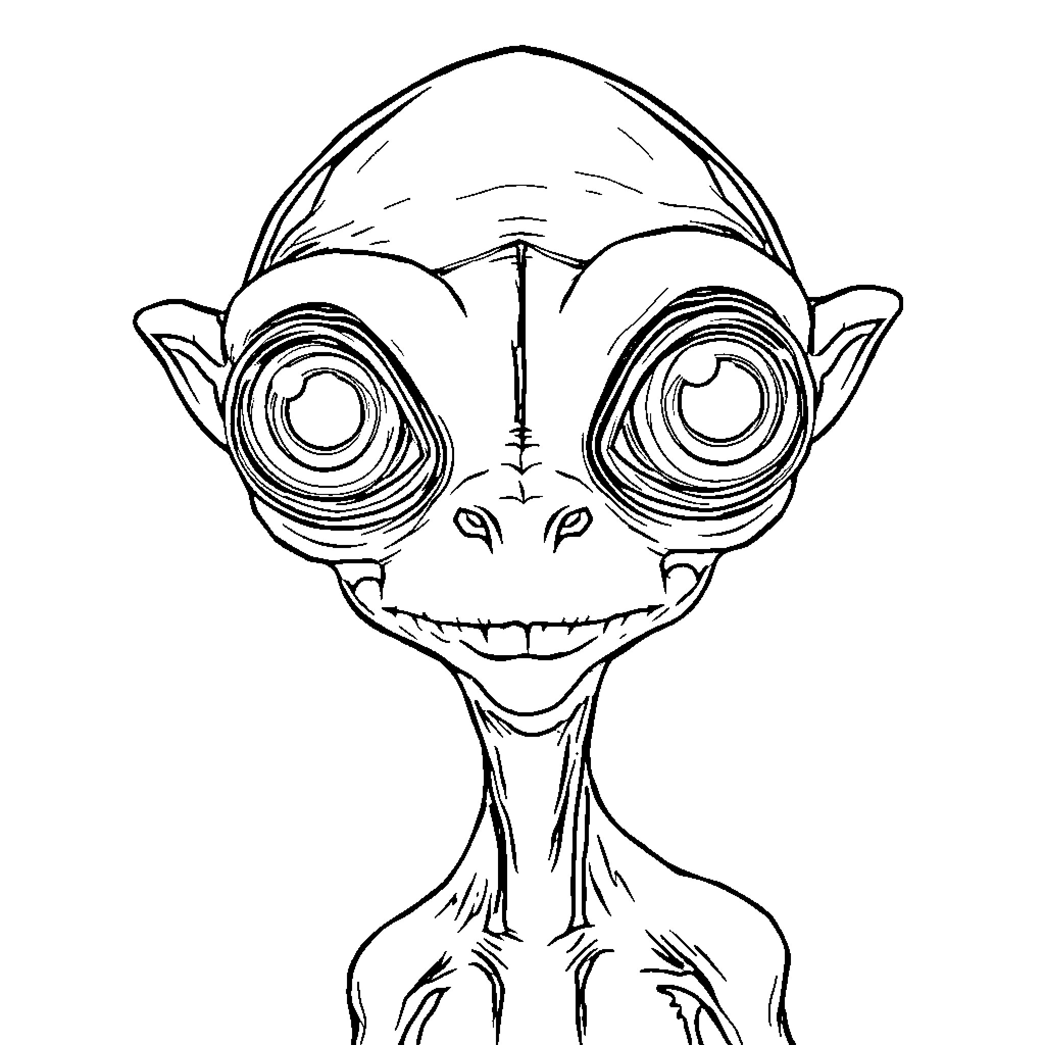 Alien creature with large eyes and mischievous expression Coloring Page (free black-and-white line drawing printable PDF for all, from beginners to advanced learners, including children, teens, adults, and seniors)