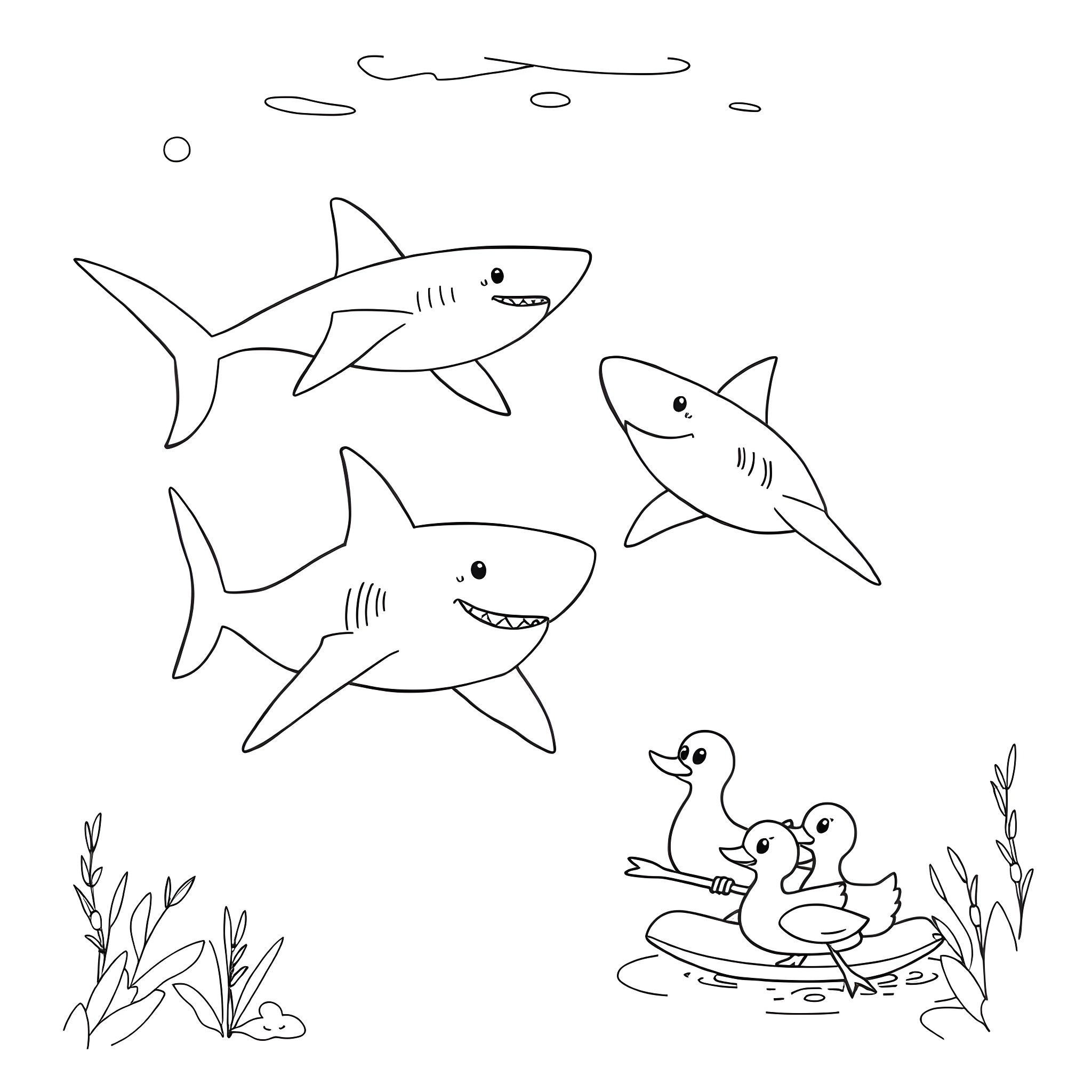 Shark family swimming in the ocean Coloring Page (free black-and-white line drawing printable PDF for all, from beginners to advanced learners, including children, teens, adults, and seniors)
