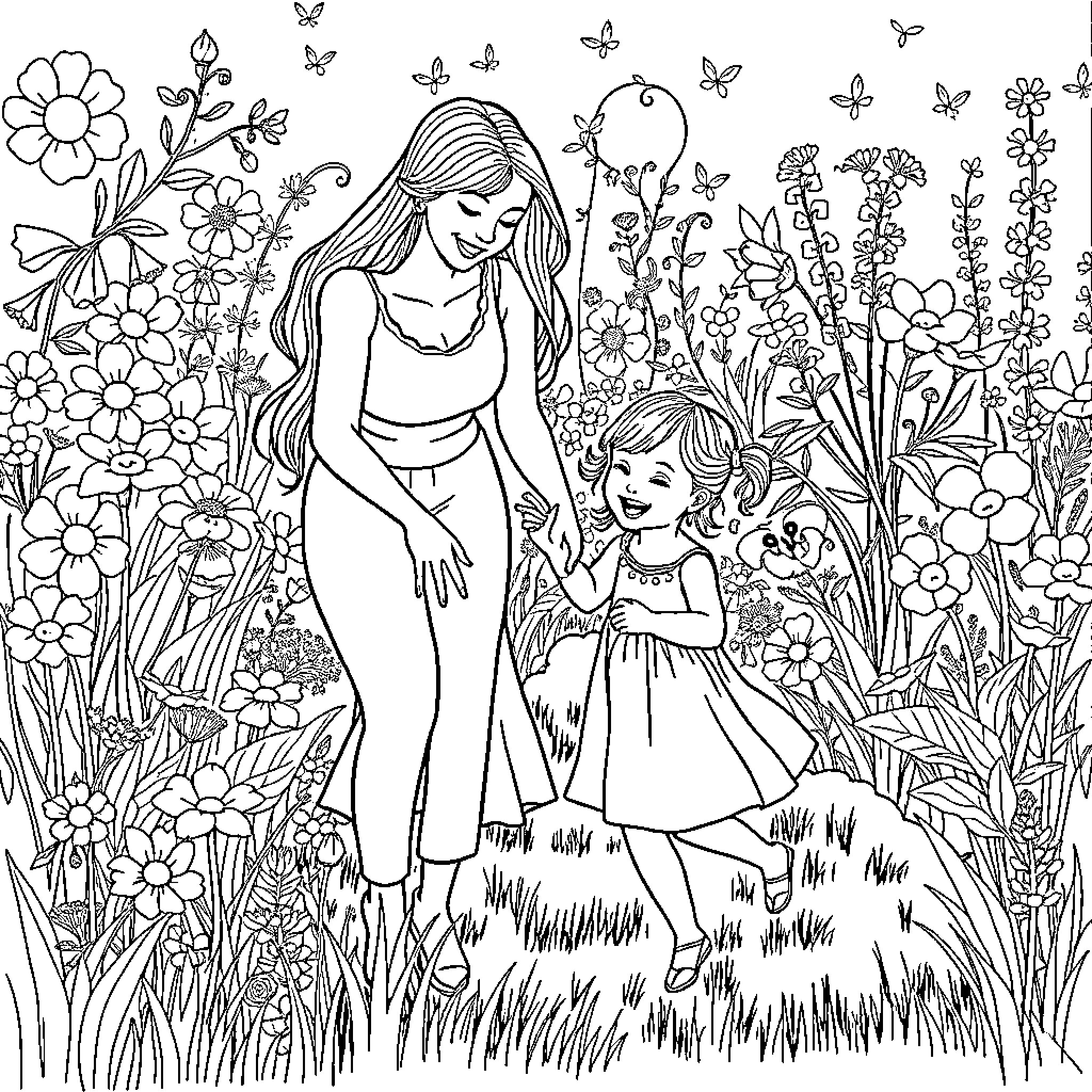 Mother and Child in Floral Garden Coloring Page (free black-and-white line drawing printable PDF for all, from beginners to advanced learners, including children, teens, adults, and seniors)