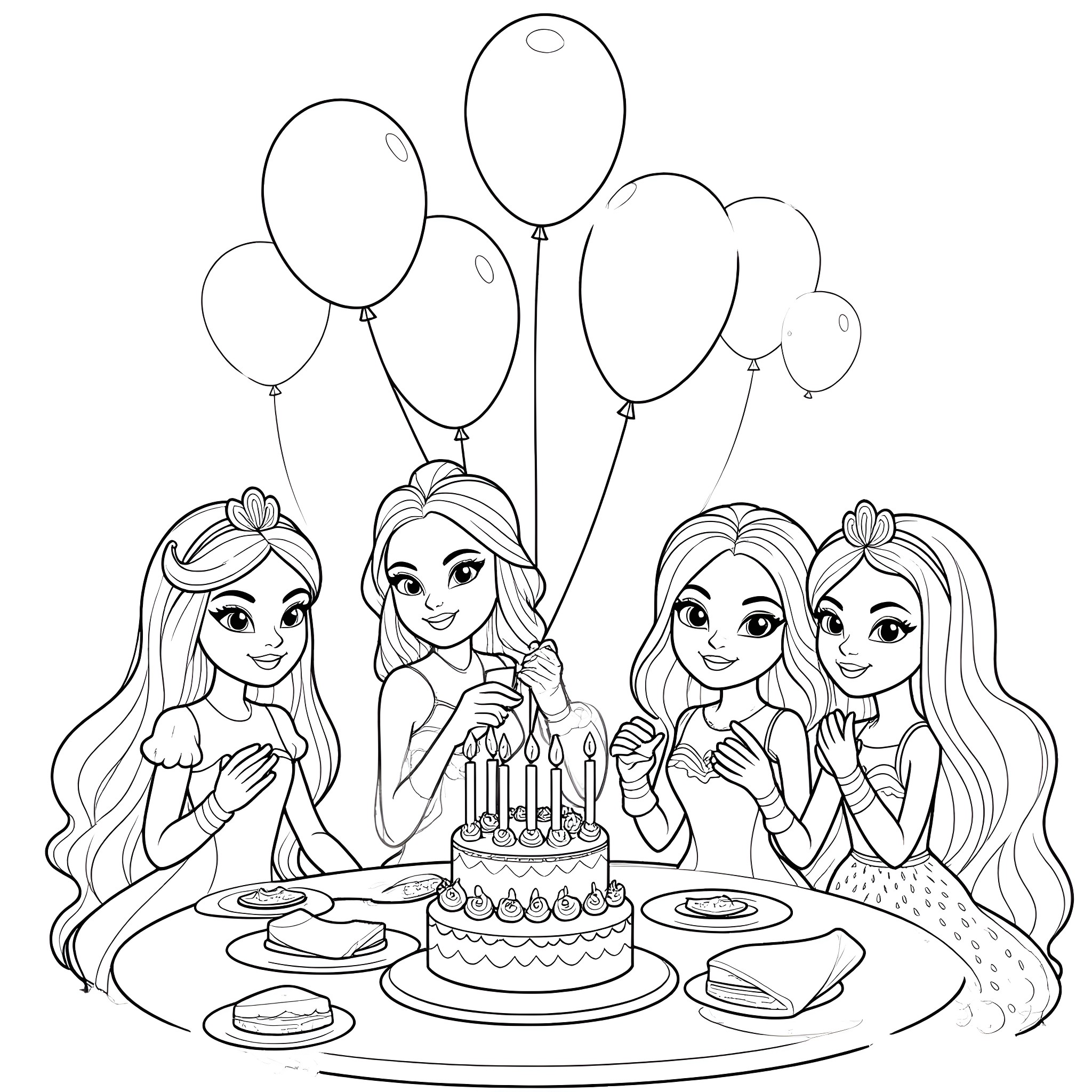 Ever After High characters celebrating with balloons and cake Coloring Page (free black-and-white line drawing printable PDF for all, from beginners to advanced learners, including children, teens, adults, and seniors)