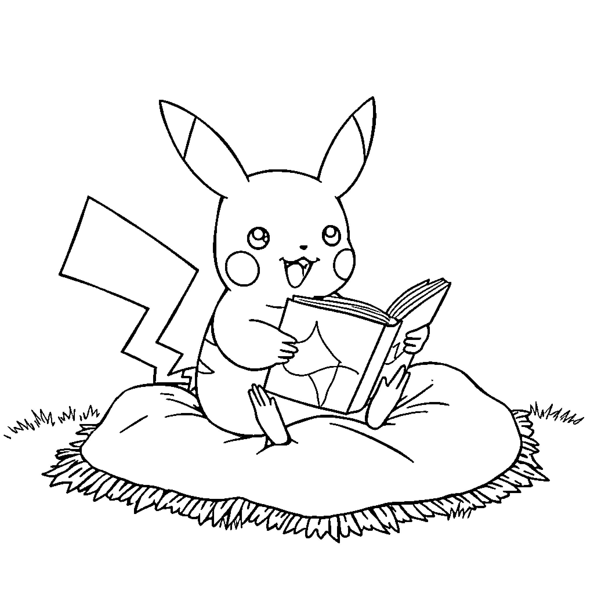 Pikachu reading a book in nature Coloring Page (free black-and-white line drawing printable PDF for all, from beginners to advanced learners, including children, teens, adults, and seniors)