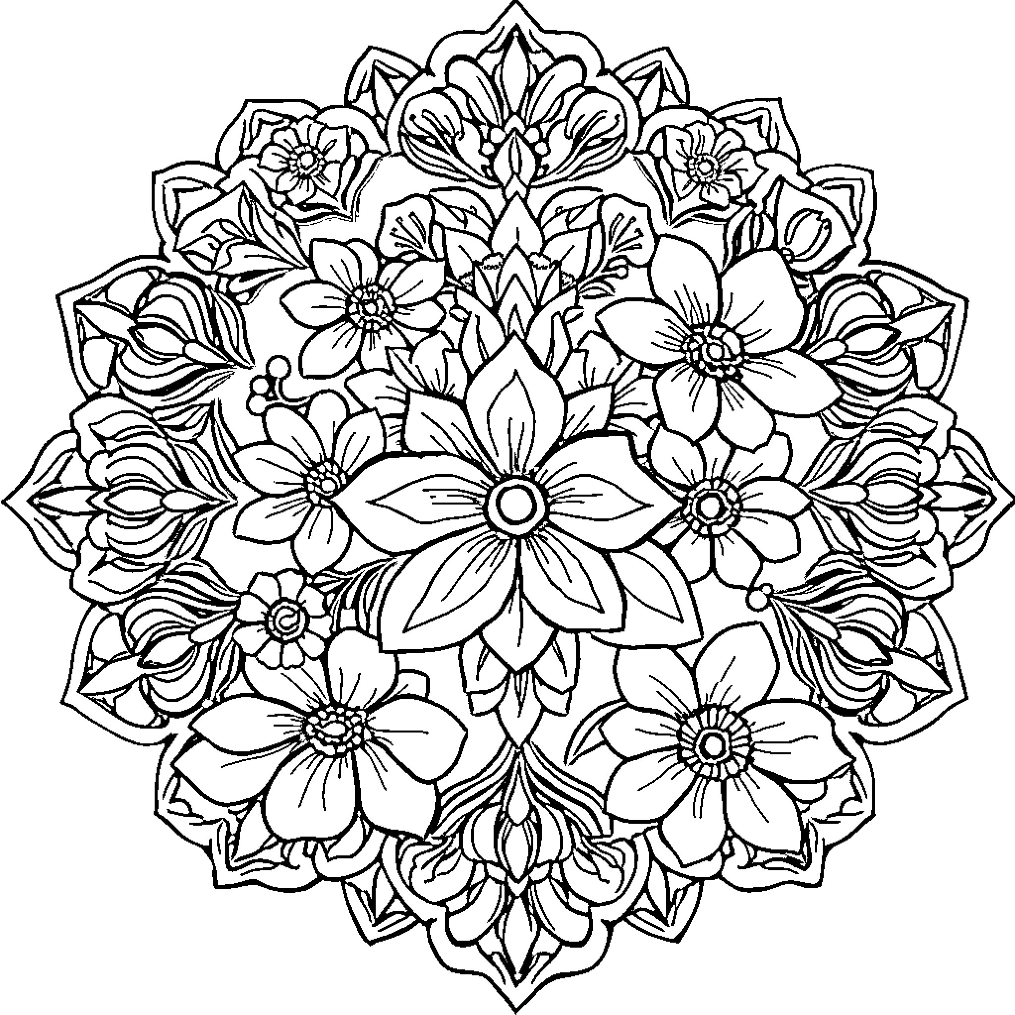 Mandala of Intricate Floral Patterns Coloring Page (free black-and-white line drawing printable PDF for all, from beginners to advanced learners, including children, teens, adults, and seniors)
