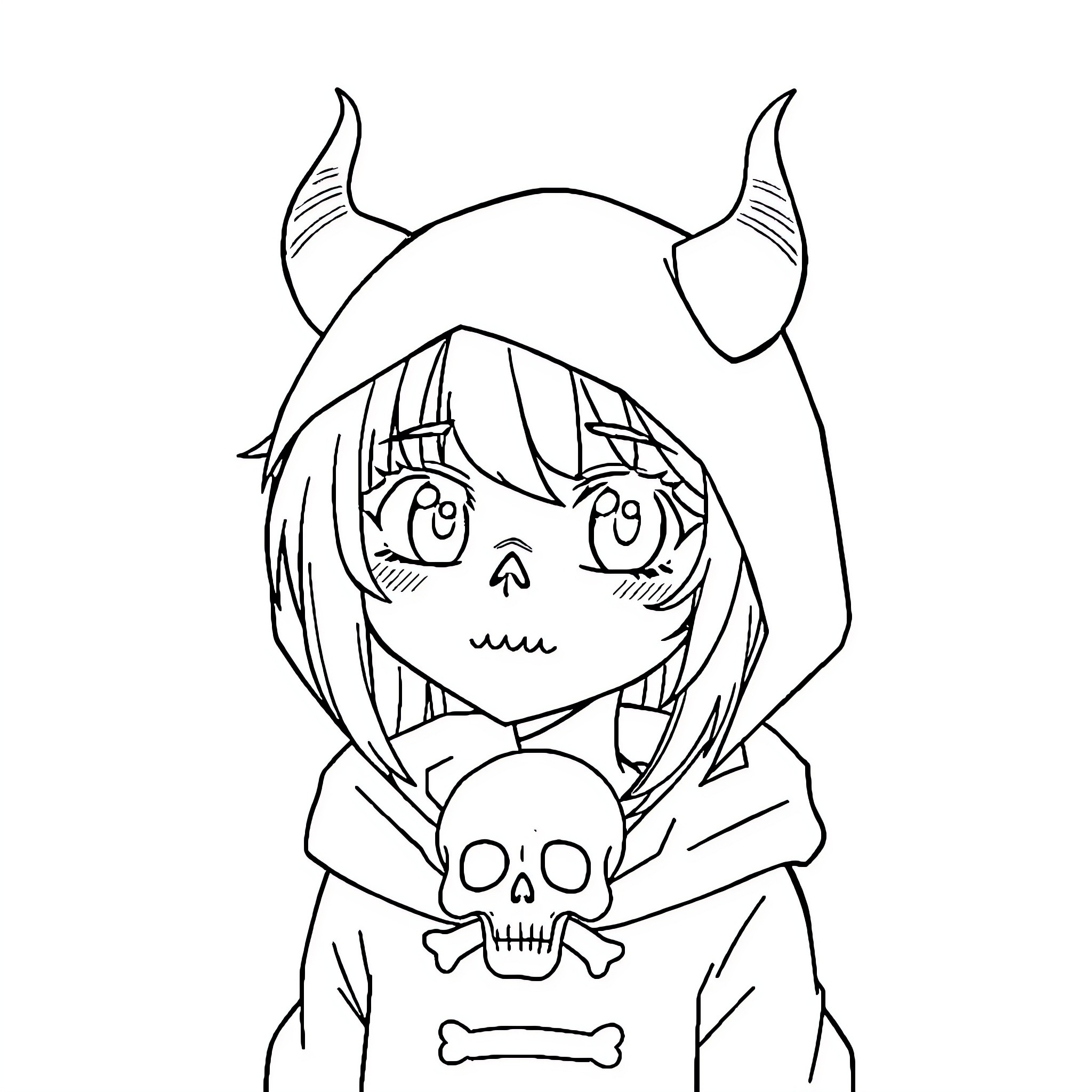 Kuromi with spooky skull outfit and devilish expression Coloring Page (free black-and-white line drawing printable PDF for all, from beginners to advanced learners, including children, teens, adults, and seniors)