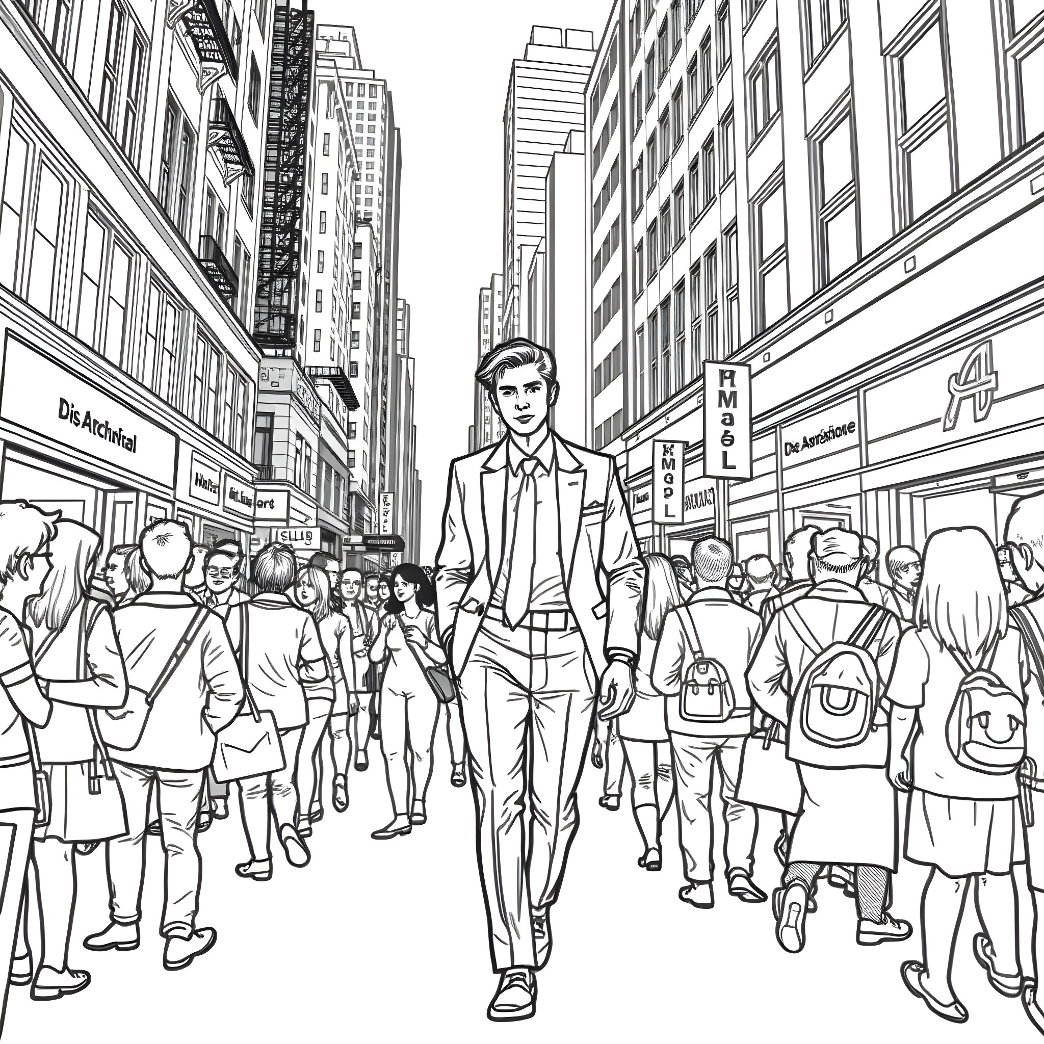 Man walking through bustling city street Coloring Page (free black-and-white line drawing printable PDF for all, from beginners to advanced learners, including children, teens, adults, and seniors)