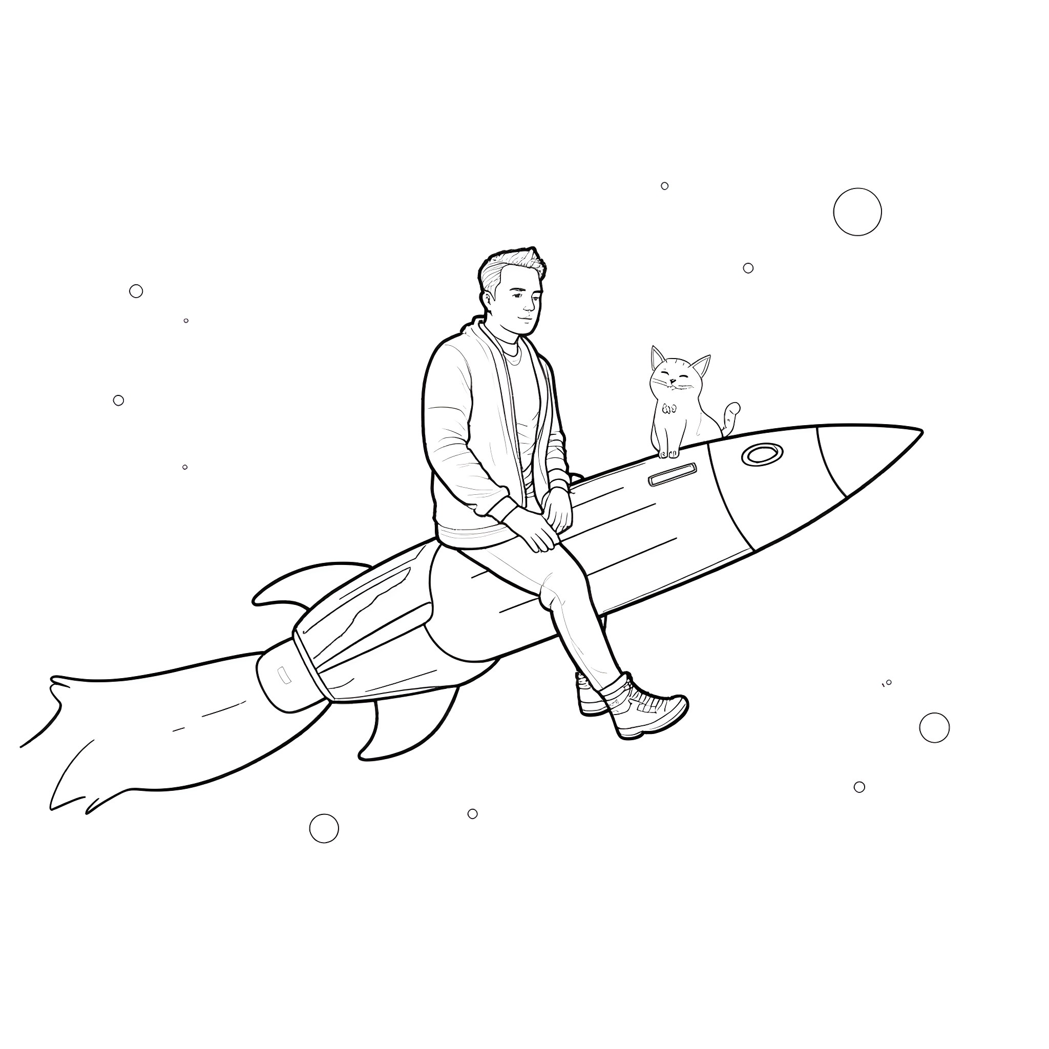 Elon Musk rides a rocket with his cat companion Coloring Page (free black-and-white line drawing printable PDF for all, from beginners to advanced learners, including children, teens, adults, and seniors)