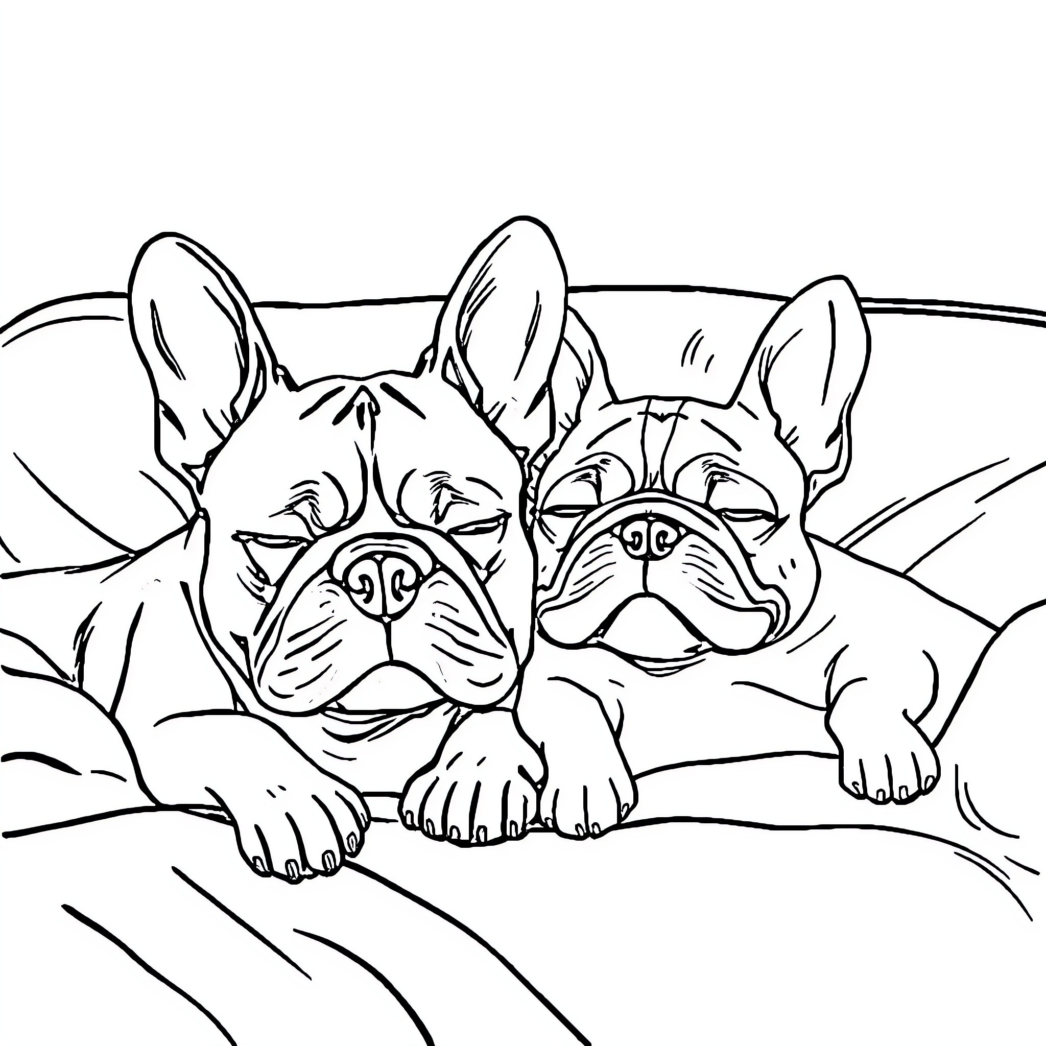 Dogs cuddling together on the couch Coloring Page (free black-and-white line drawing printable PDF for all, from beginners to advanced learners, including children, teens, adults, and seniors)