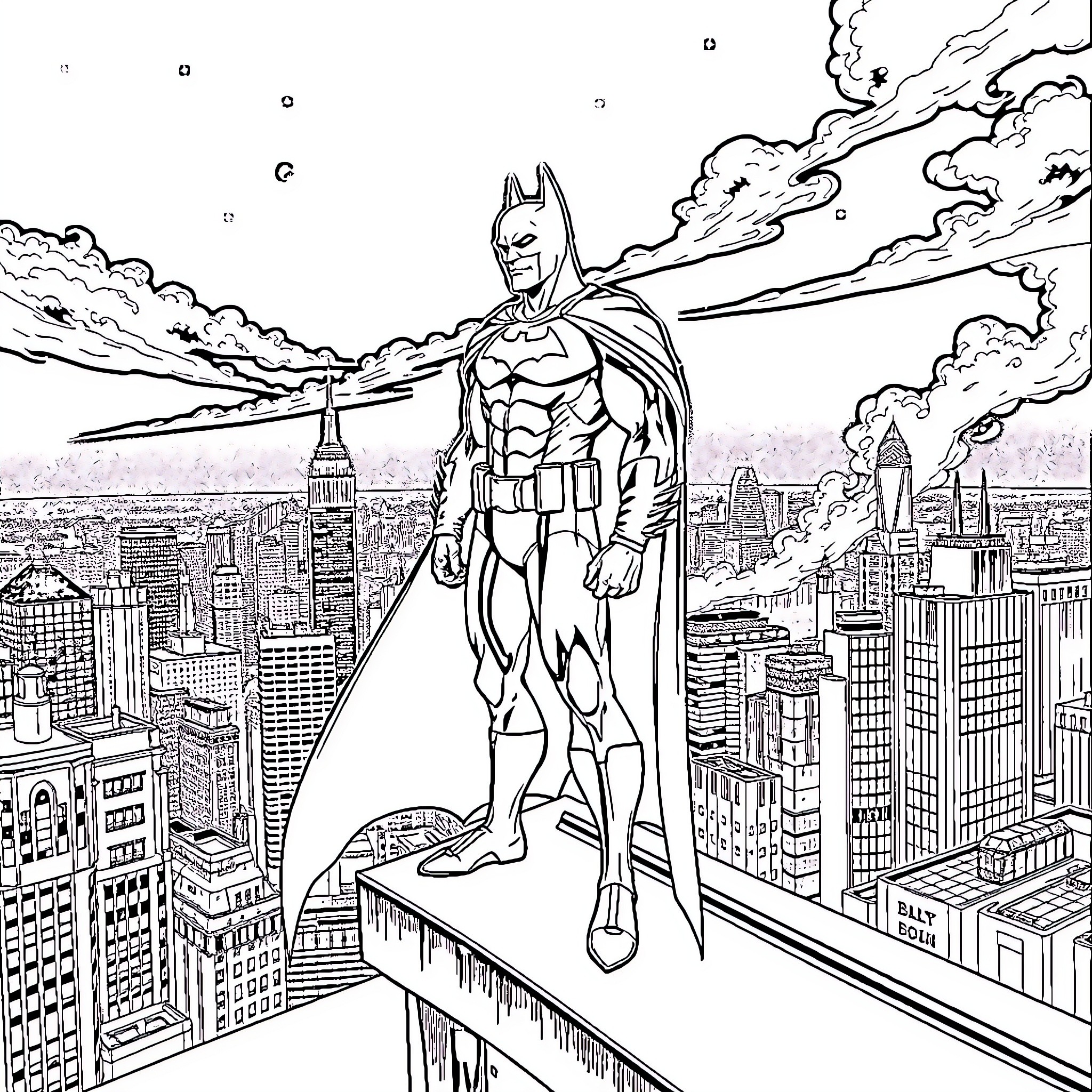 Bat Man standing tall on a city rooftop Coloring Page (free black-and-white line drawing printable PDF for all, from beginners to advanced learners, including children, teens, adults, and seniors)