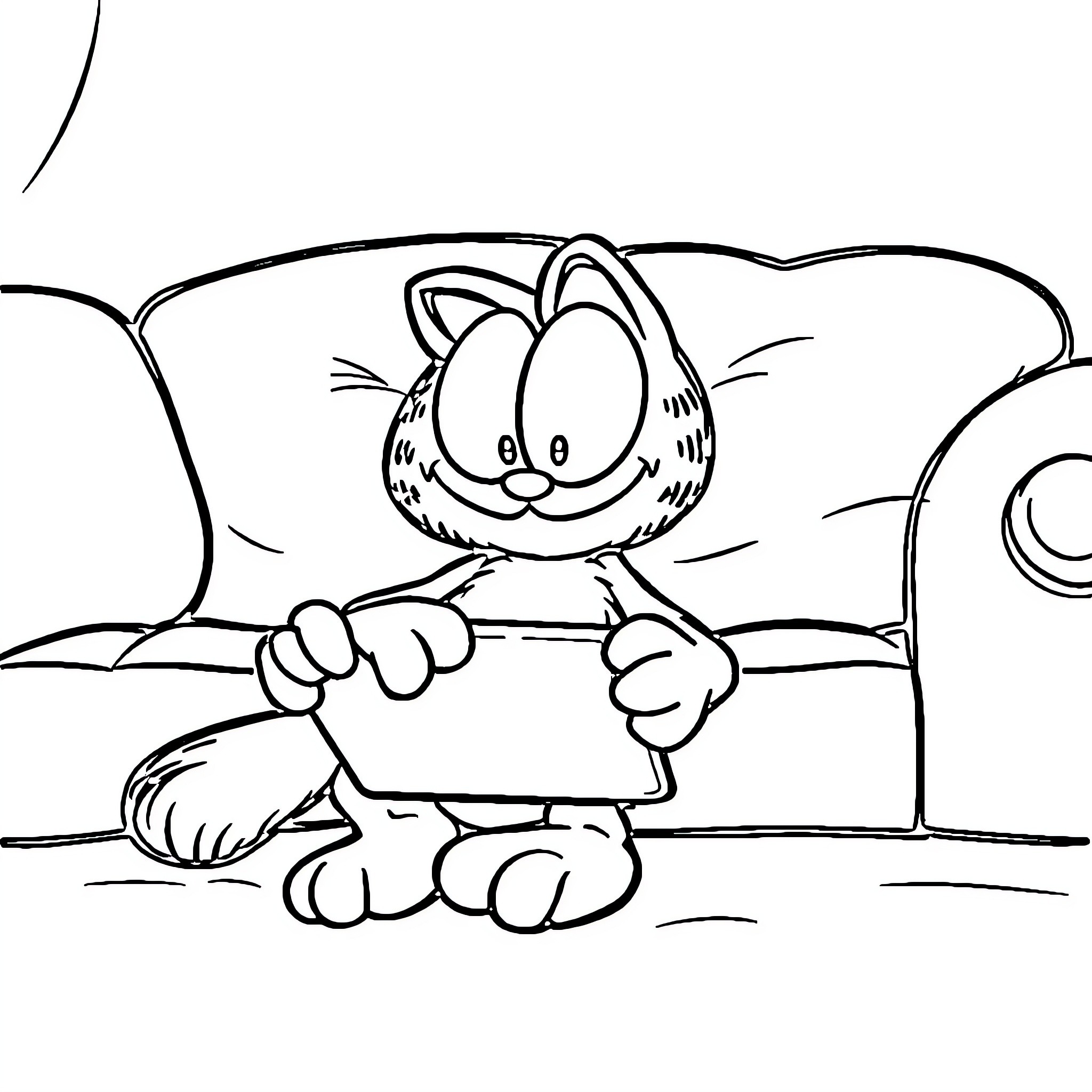 Garfield napping on the couch Coloring Page (free black-and-white line drawing printable PDF for all, from beginners to advanced learners, including children, teens, adults, and seniors)