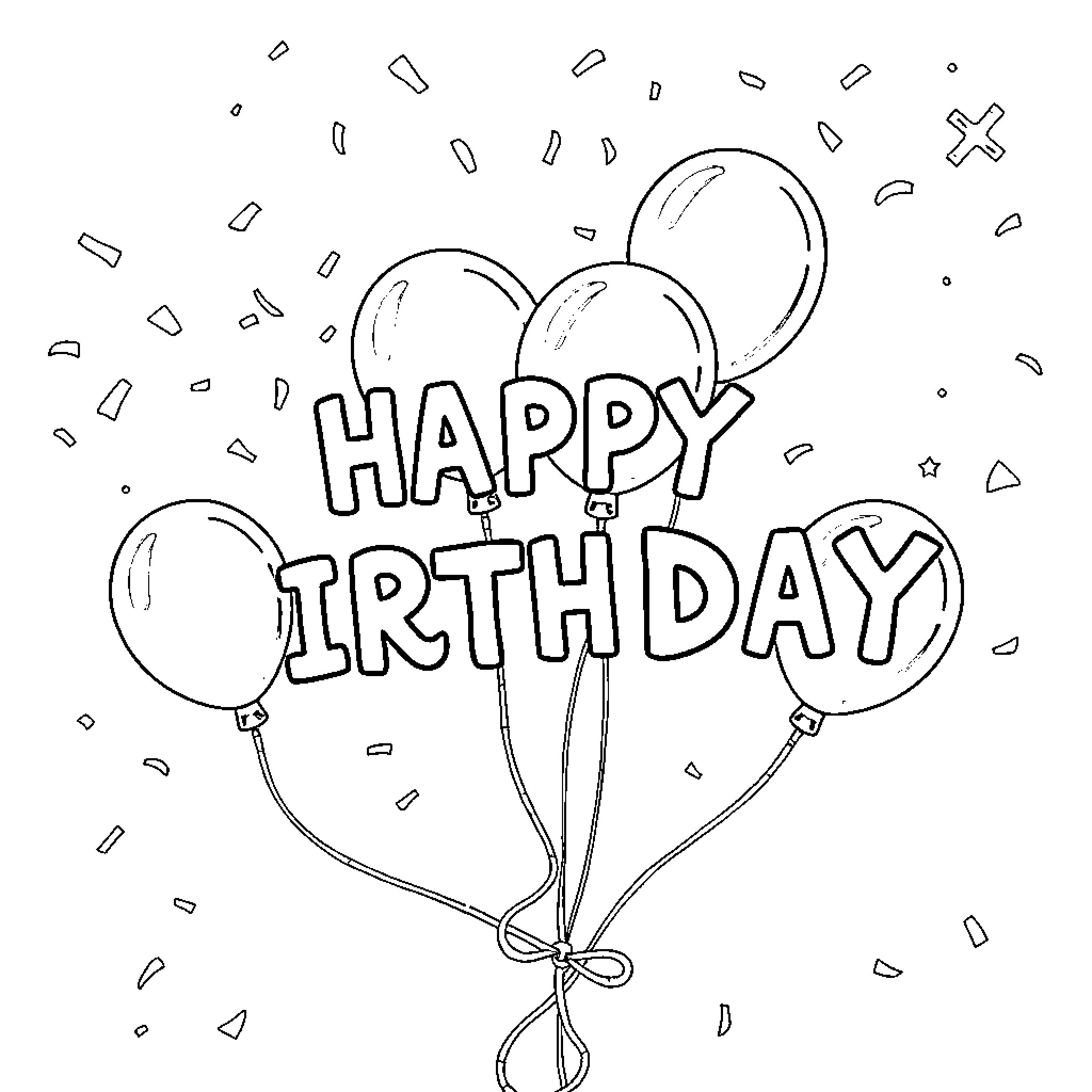 Birthday celebration with balloons and confetti Coloring Page (free black-and-white line drawing printable PDF for all, from beginners to advanced learners, including children, teens, adults, and seniors)