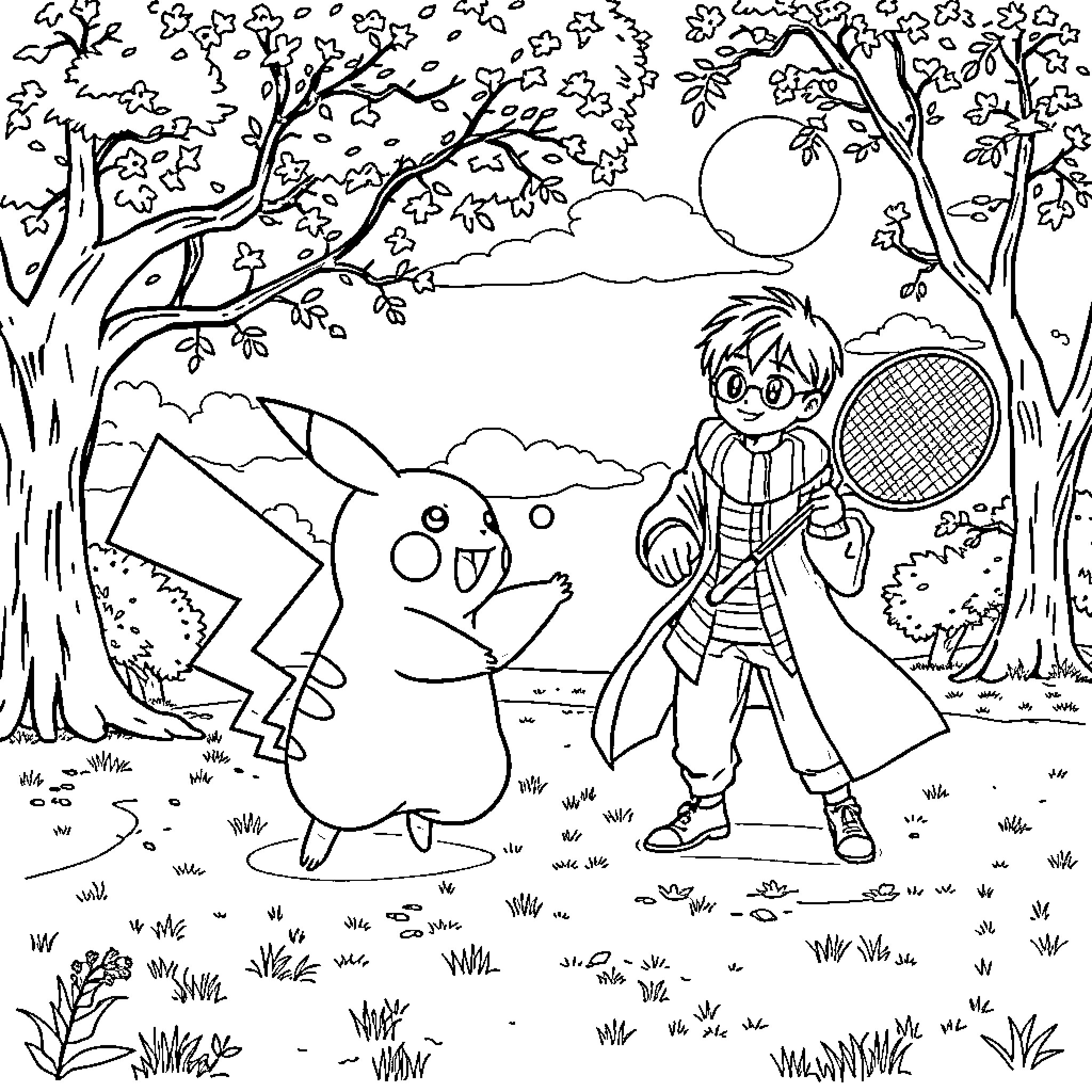 Pikachu and Trainer Enjoying Nature's Beauty Coloring Page (free black-and-white line drawing printable PDF for all, from beginners to advanced learners, including children, teens, adults, and seniors)