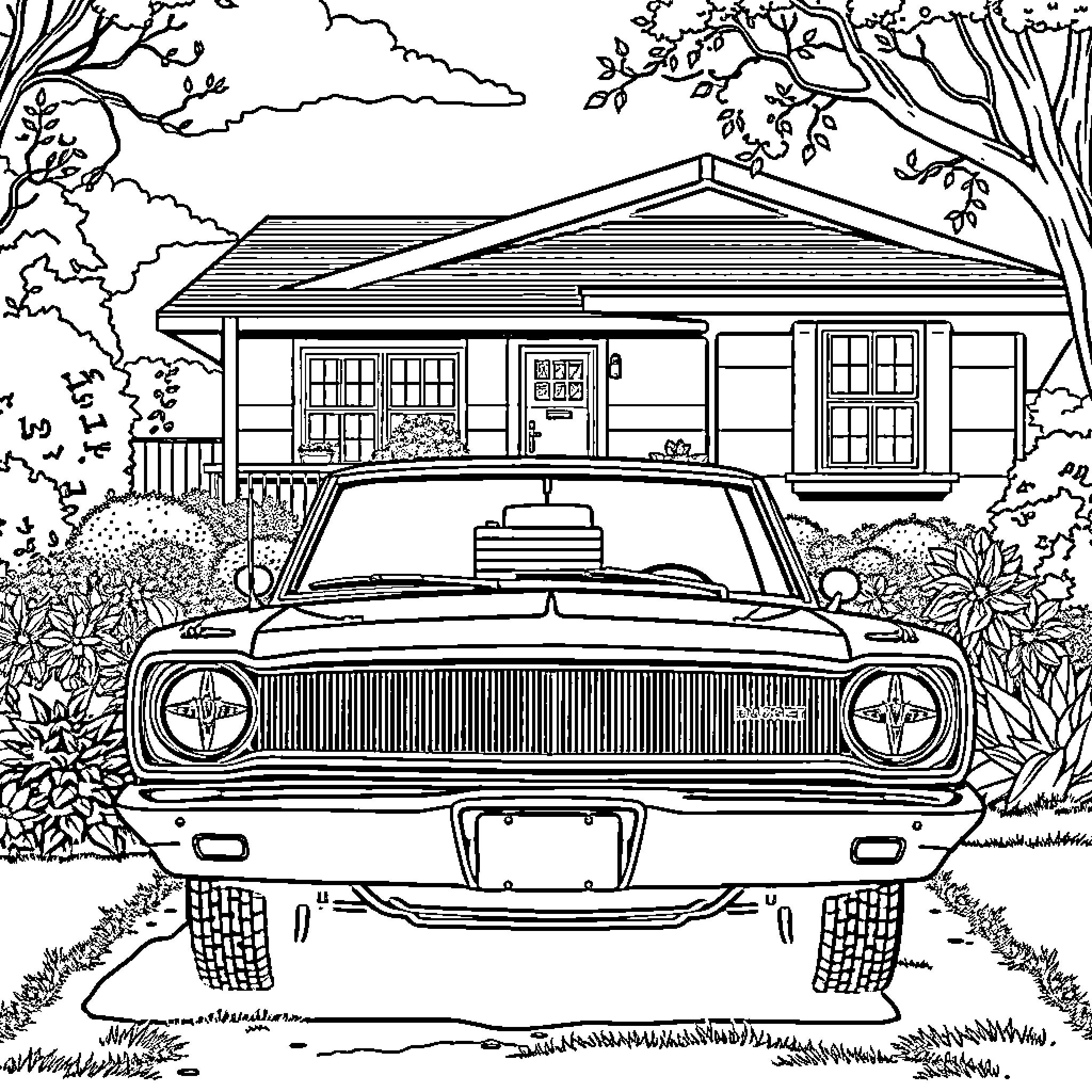 Dodge Dart parked in front of a house Coloring Page (free black-and-white line drawing printable PDF for all, from beginners to advanced learners, including children, teens, adults, and seniors)