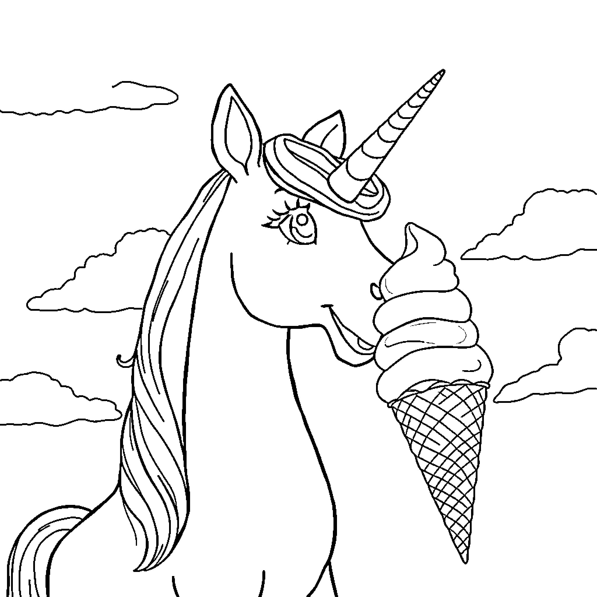 Unicorn enjoying a whimsical ice cream treat Coloring Page (free black-and-white line drawing printable PDF for all, from beginners to advanced learners, including children, teens, adults, and seniors)