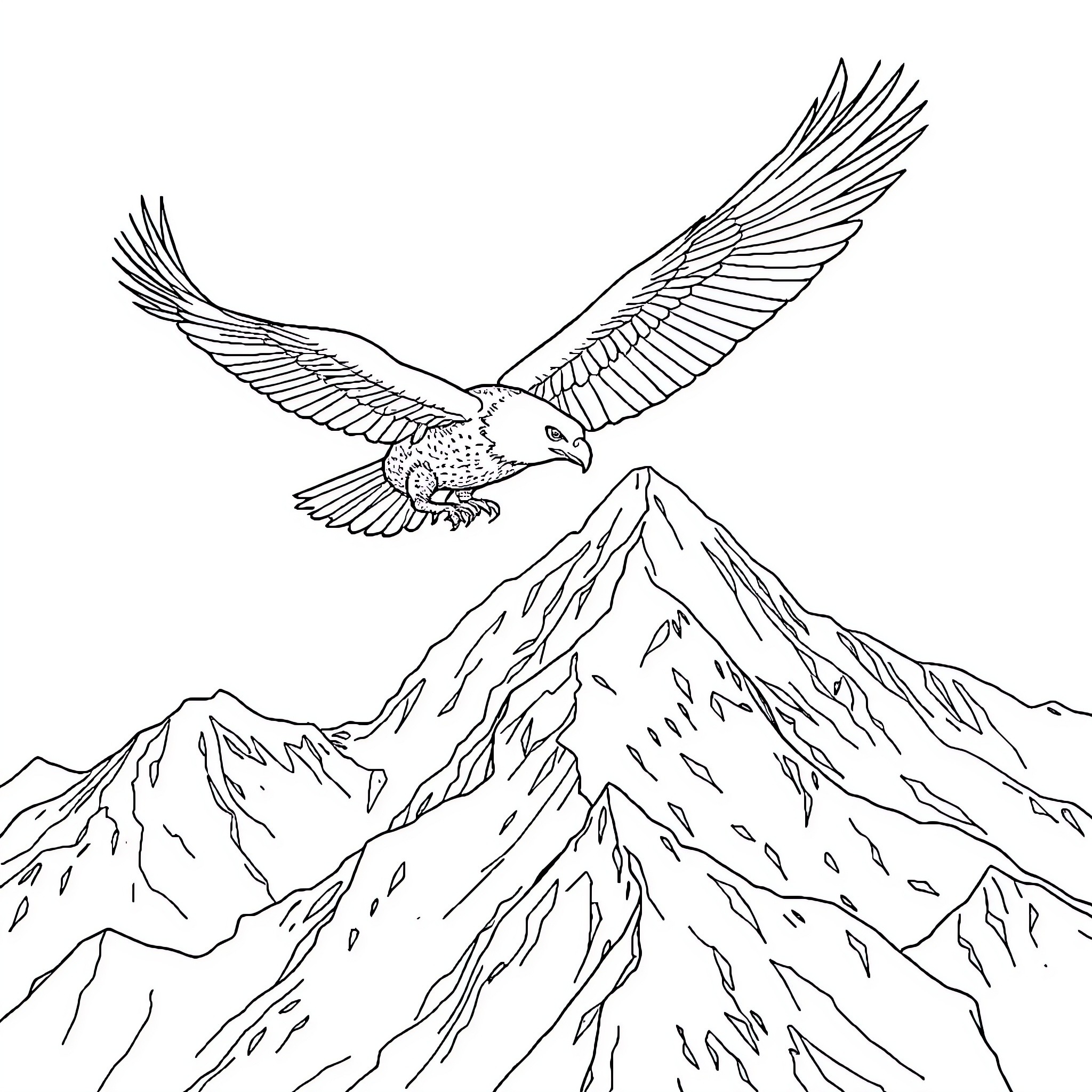 Eagle soaring over majestic mountain peaks Coloring Page (free black-and-white line drawing printable PDF for all, from beginners to advanced learners, including children, teens, adults, and seniors)