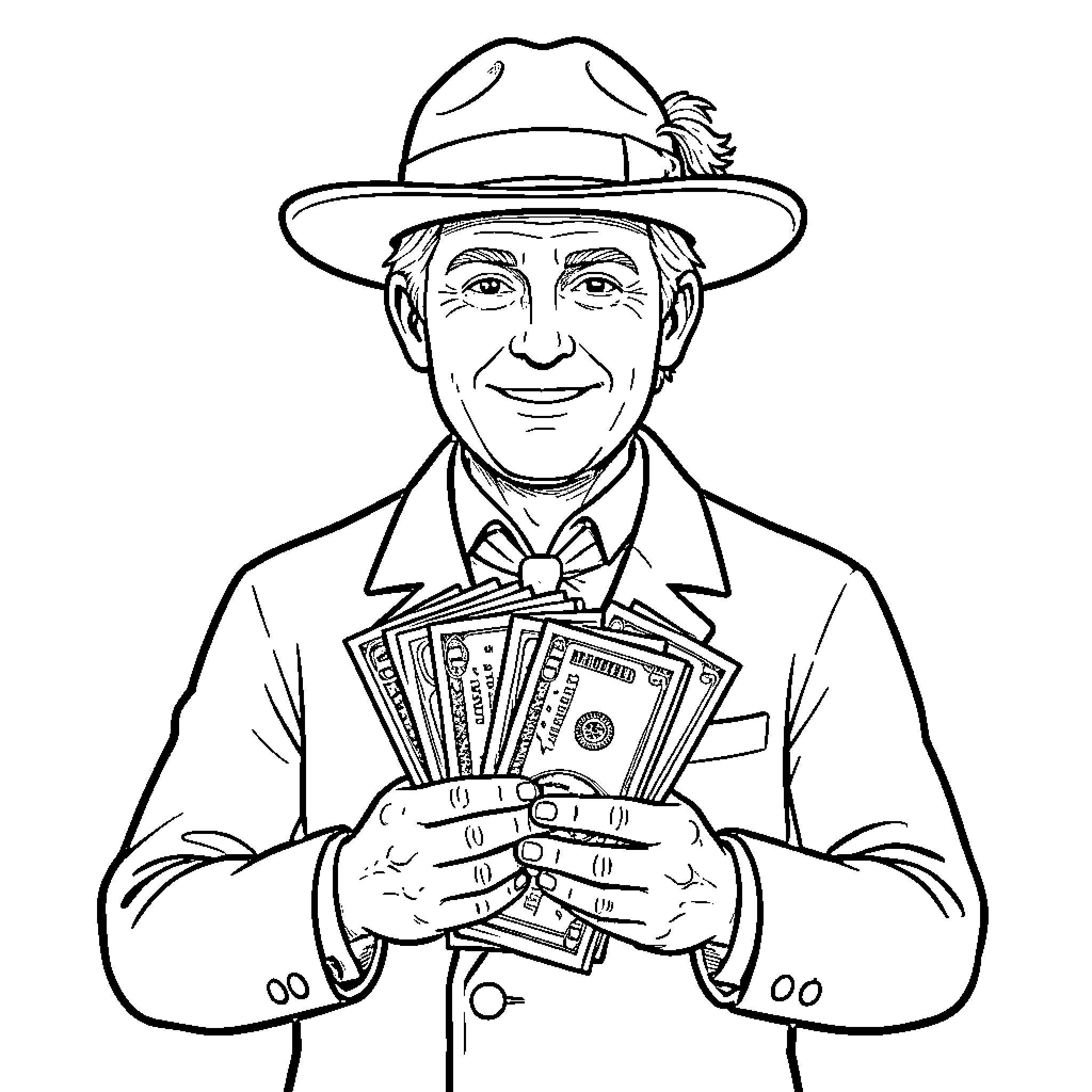James Cook smiling while holding a stack of cash Coloring Page (free black-and-white line drawing printable PDF for all, from beginners to advanced learners, including children, teens, adults, and seniors)