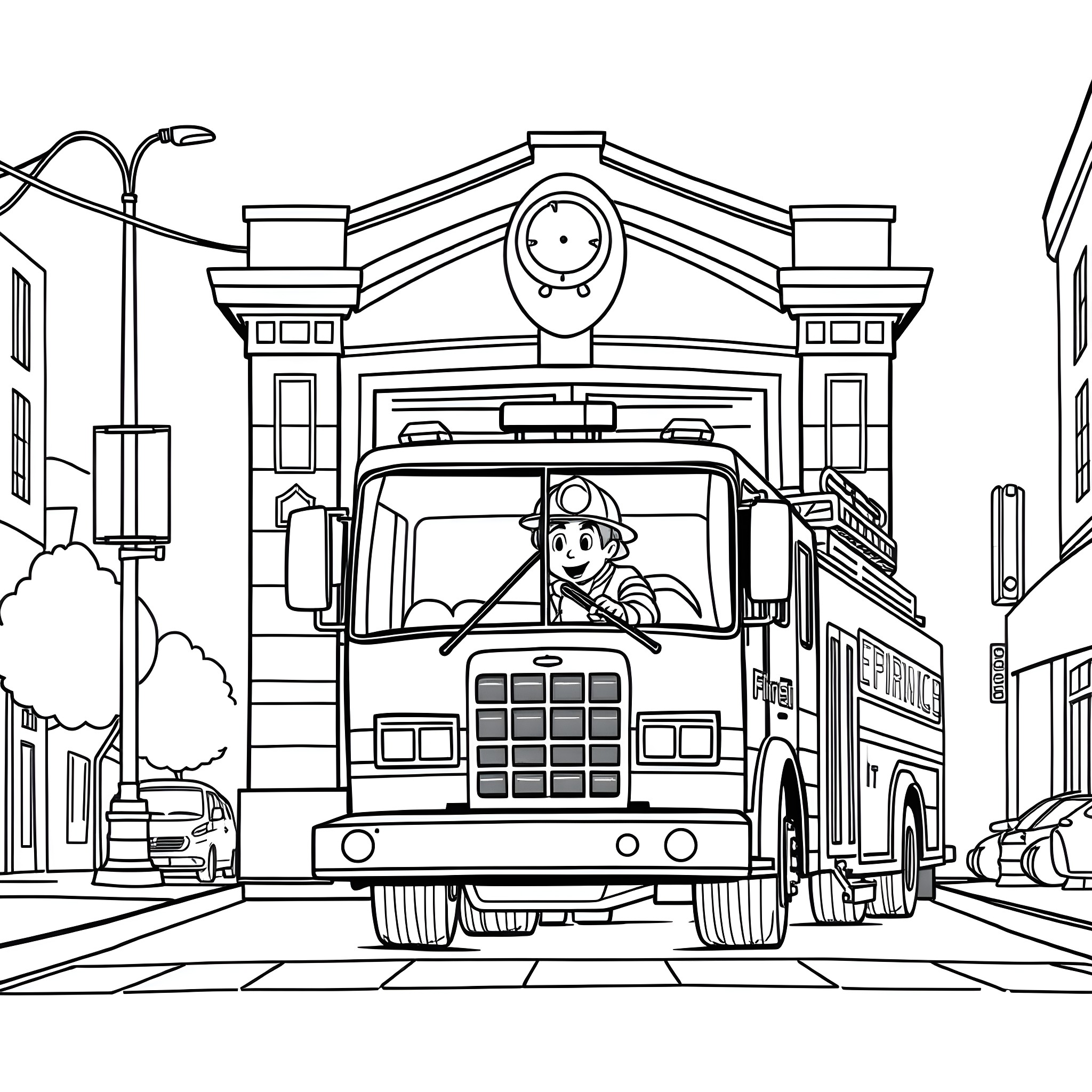 Fireman driving fire truck in city Coloring Page (free black-and-white line drawing printable PDF for all, from beginners to advanced learners, including children, teens, adults, and seniors)