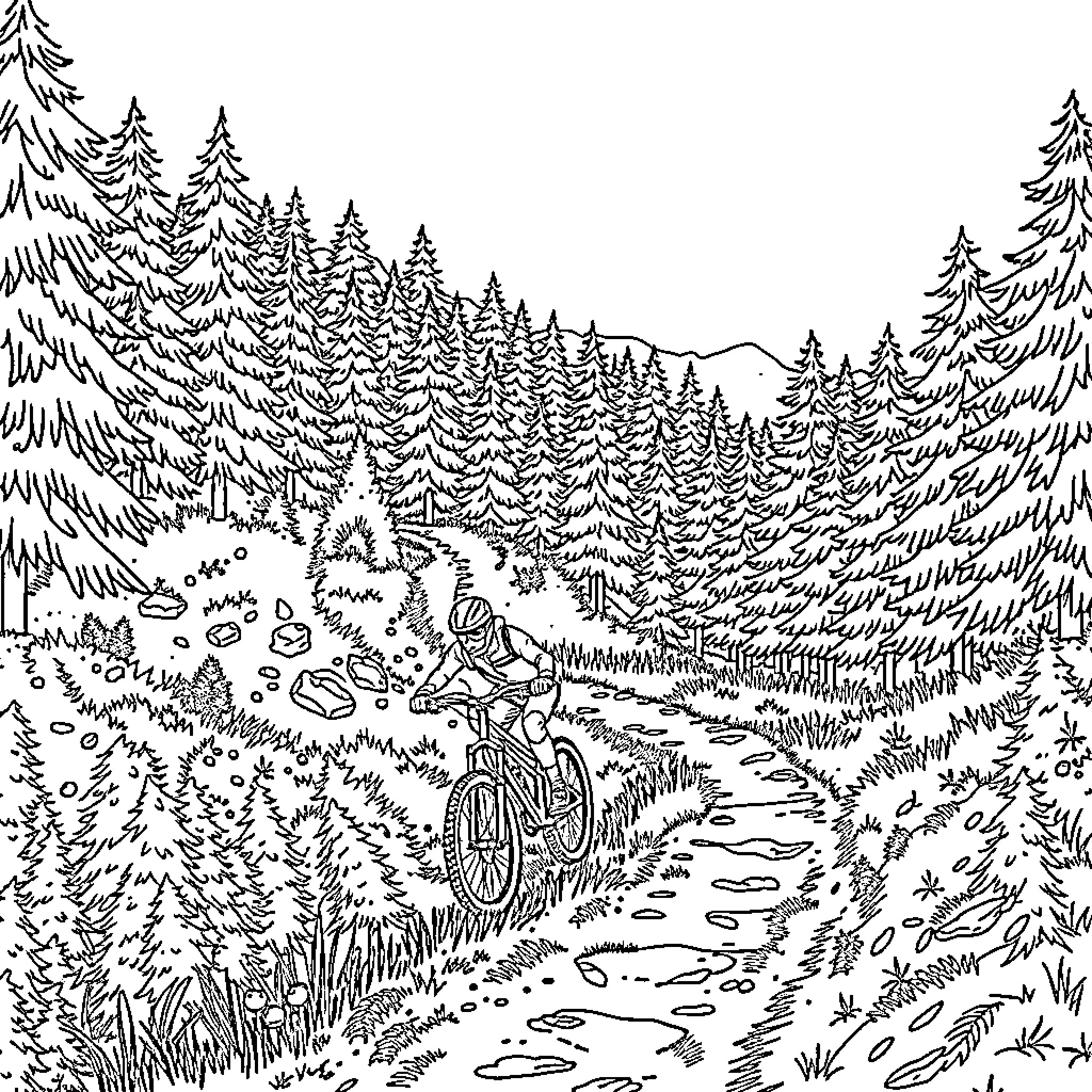 Mountain Biking Through Forested Landscape Coloring Page (free black-and-white line drawing printable PDF for all, from beginners to advanced learners, including children, teens, adults, and seniors)