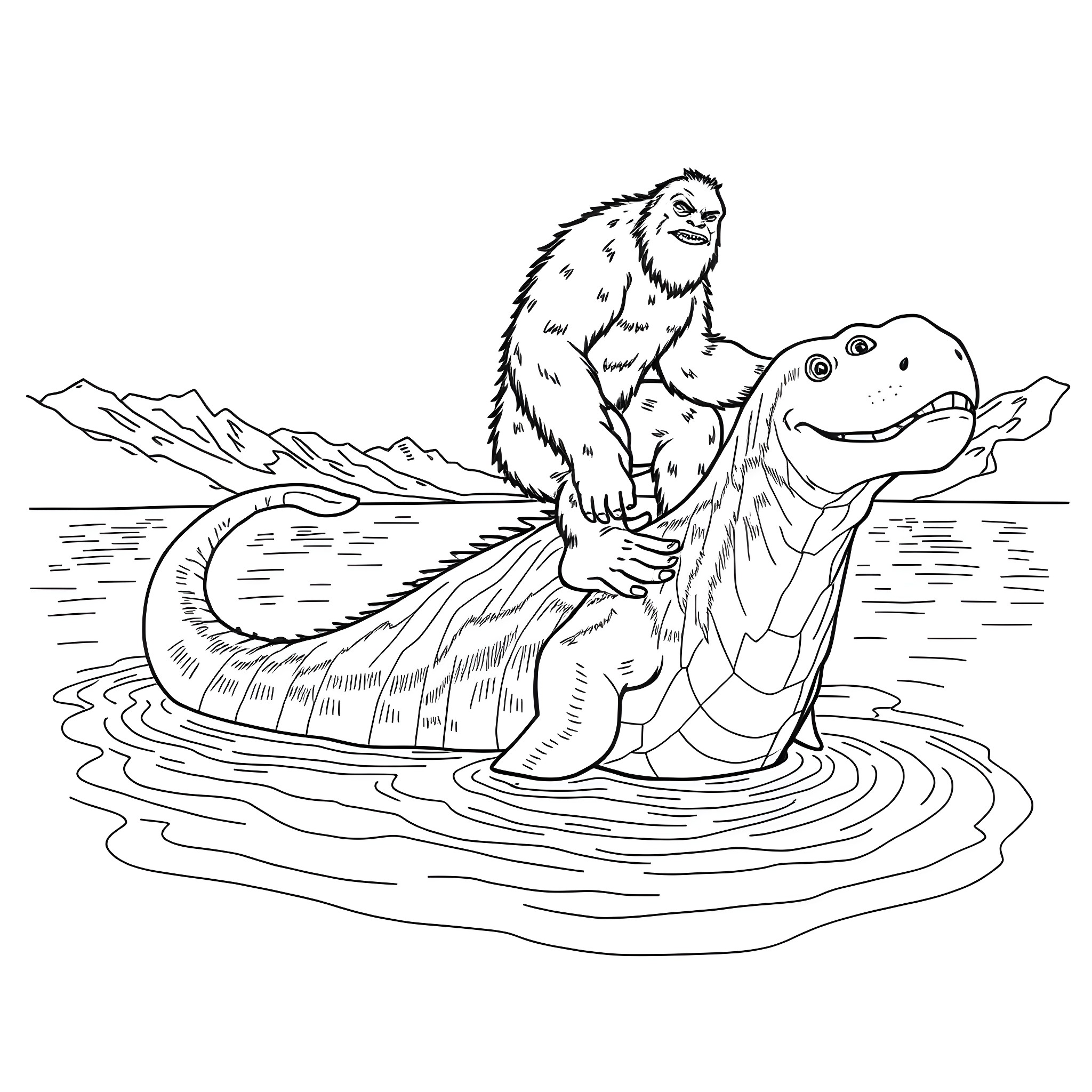Bigfoot riding a mythical creature in the water Coloring Page (free black-and-white line drawing printable PDF for all, from beginners to advanced learners, including children, teens, adults, and seniors)