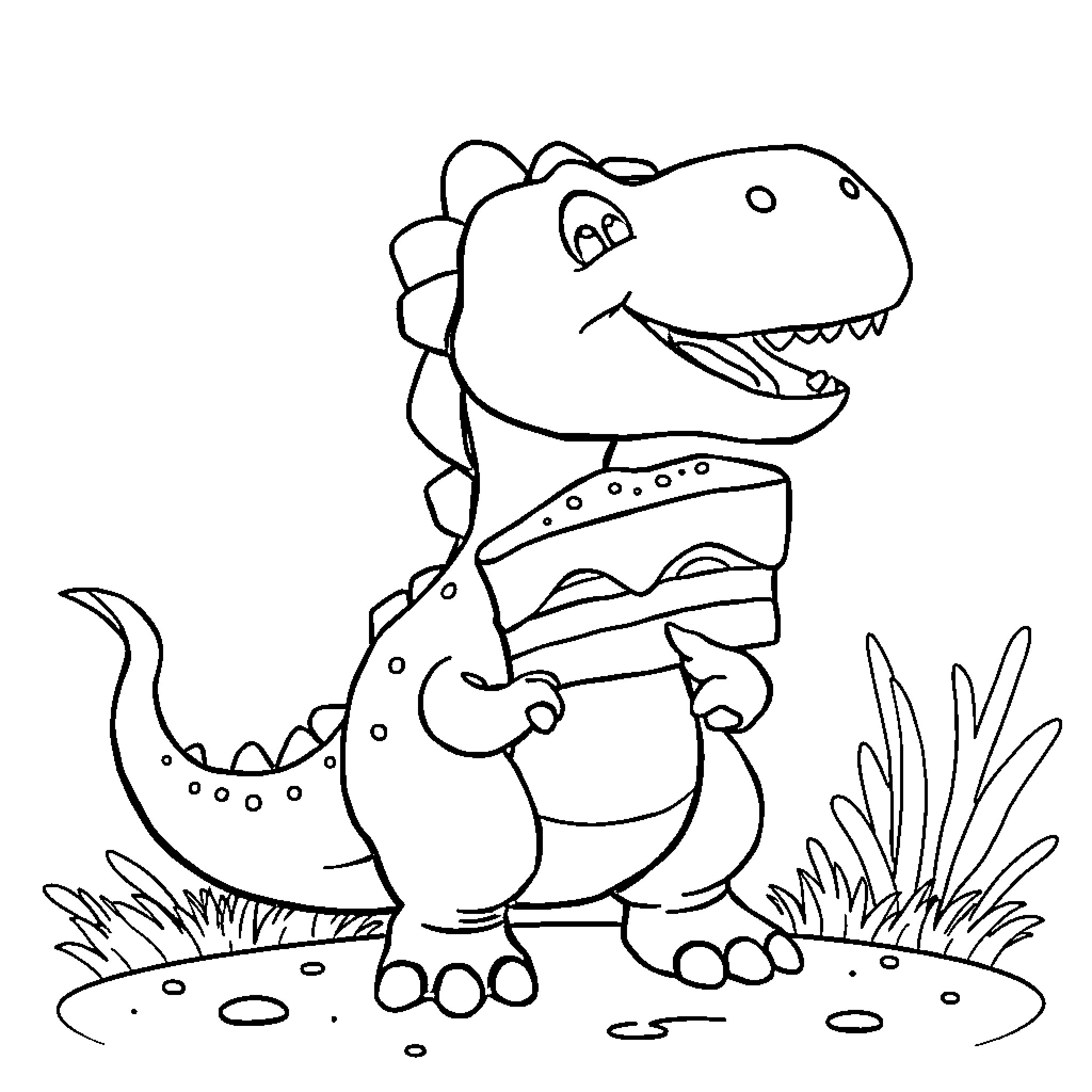 Dinosaur exploring its environment happily Coloring Page (free black-and-white line drawing printable PDF for all, from beginners to advanced learners, including children, teens, adults, and seniors)